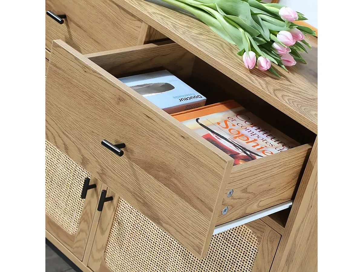 Buffet 2 Portes 2 Tiroirs avec Cannage Rotin L90cm - JAYA