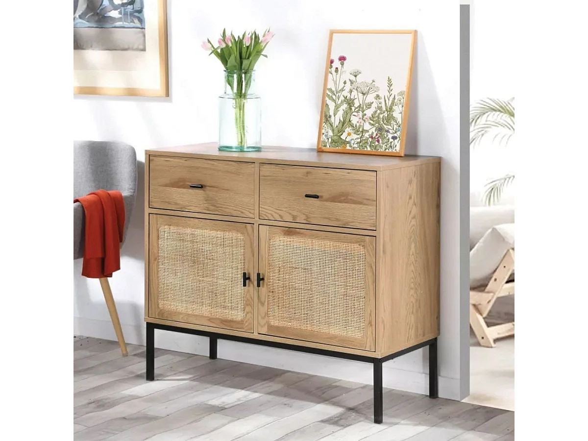 Kredens 2-drzwiowy z 2 szufladami i wiklinowym stelażem L90cm - JAYA
