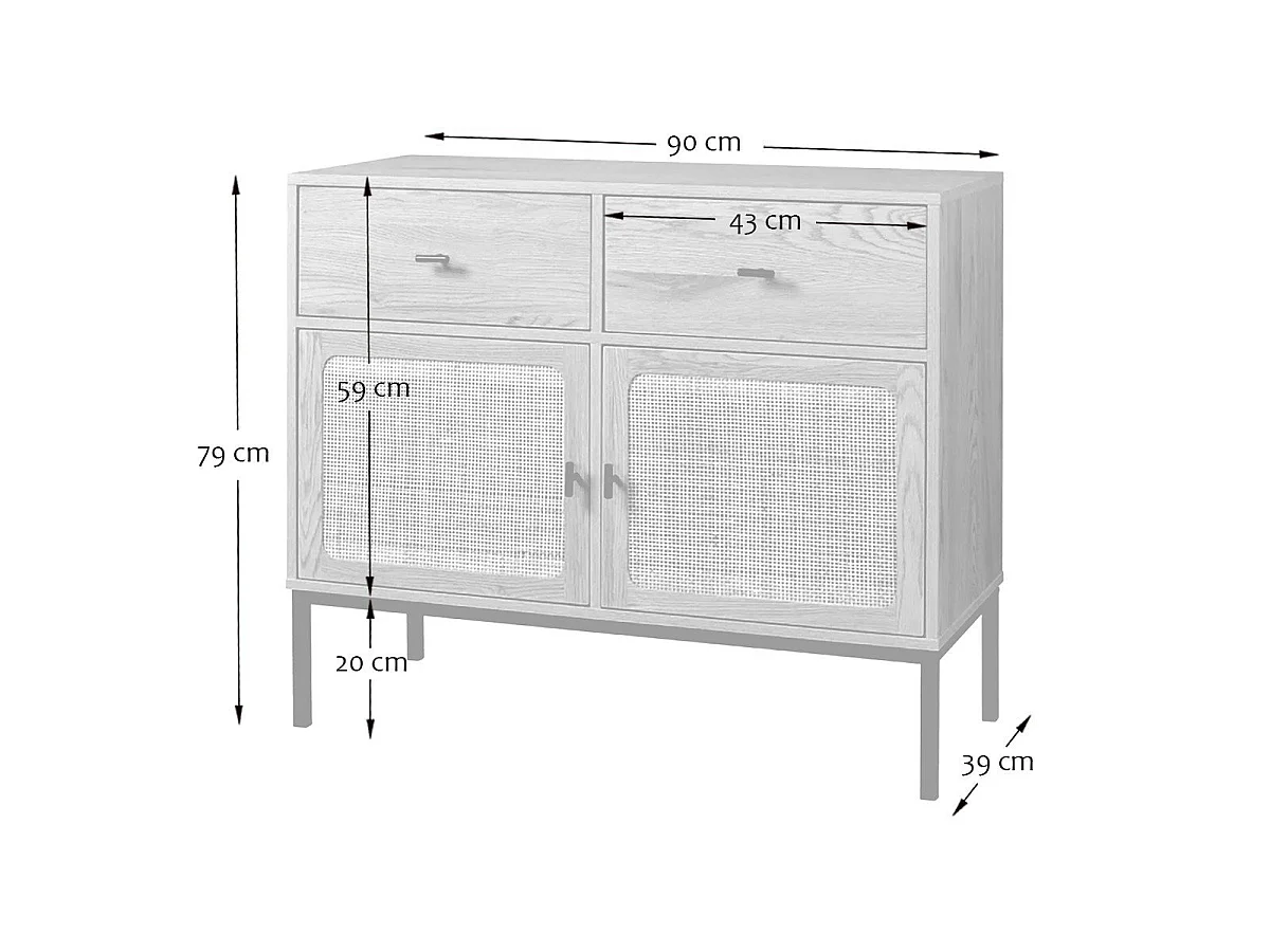 Kredens 2-drzwiowy z 2 szufladami i wiklinowym stelażem L90cm - JAYA