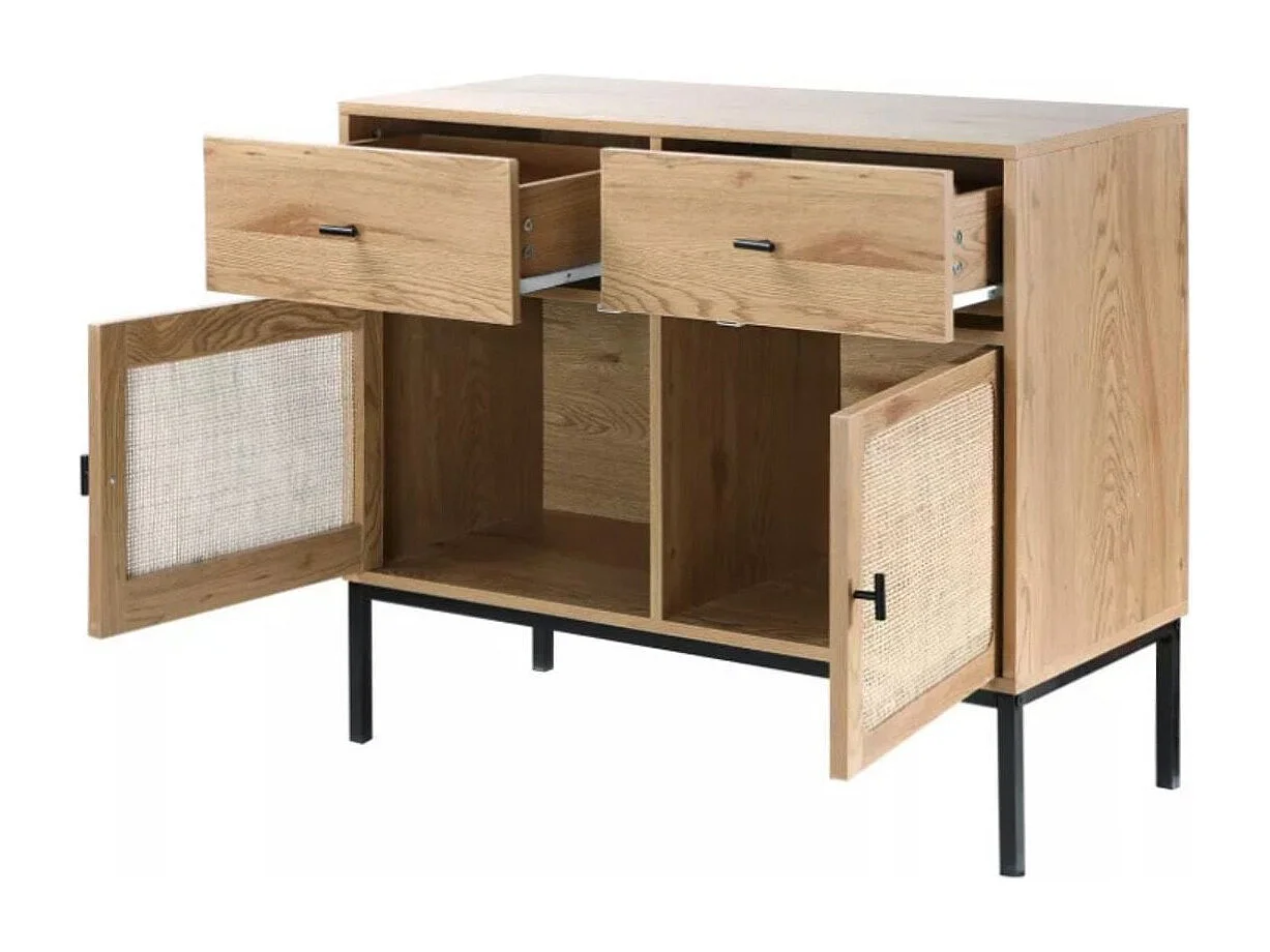 Kredens 2-drzwiowy z 2 szufladami i wiklinowym stelażem L90cm - JAYA