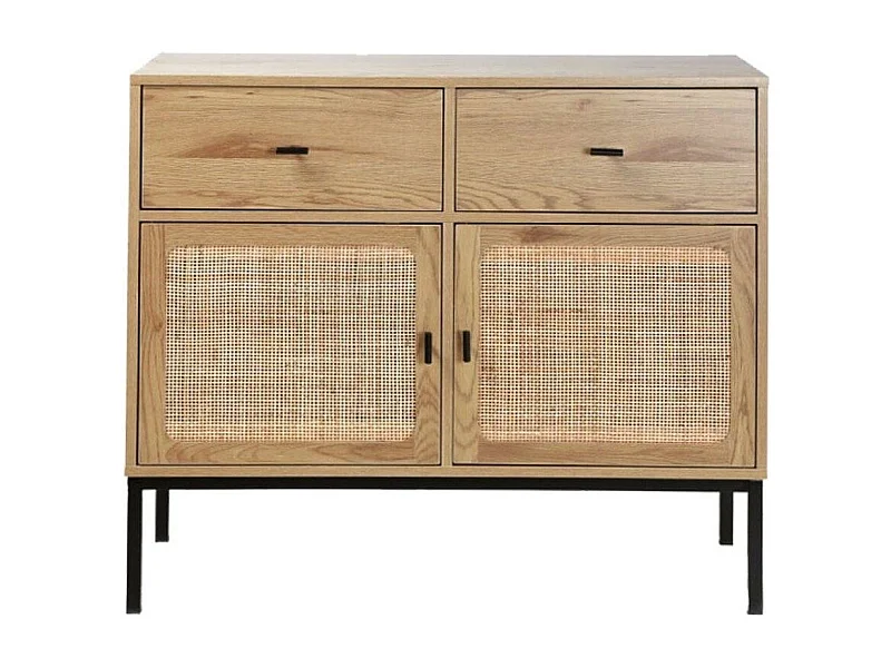 Cassettiera a 2 ante e 2 cassetti con impagliatura in rattan - L90 cm