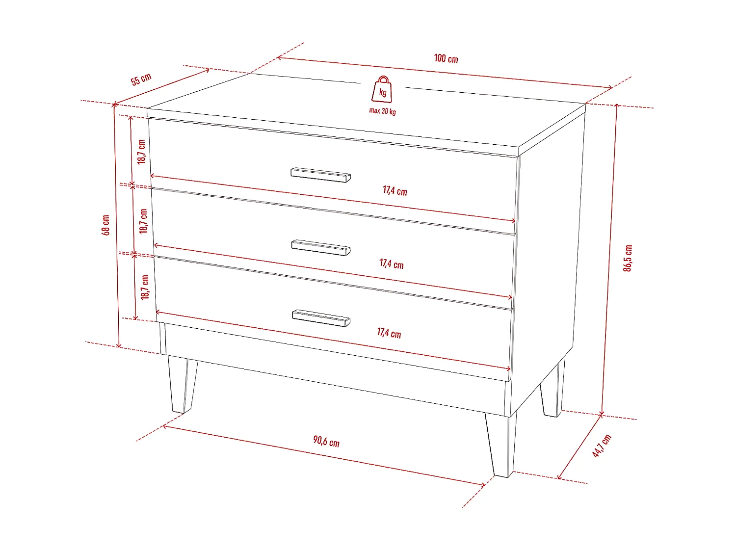 Commode 3 Tiroirs L100 x H86.5 cm -  Lounge