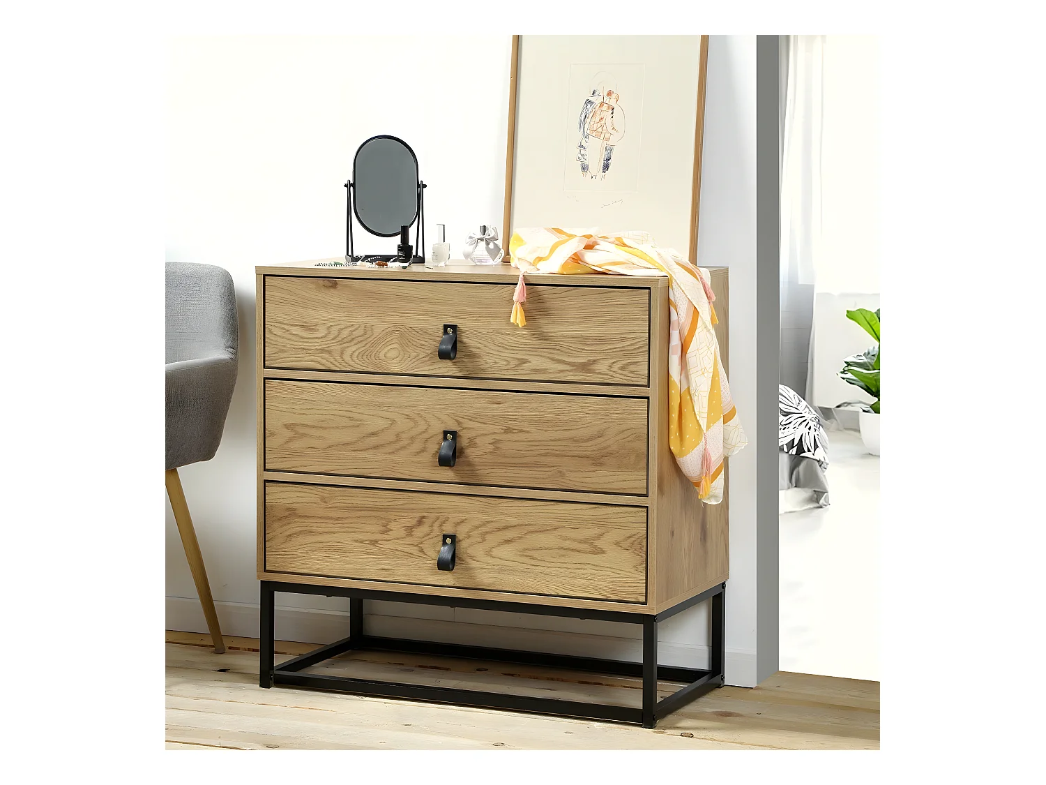 Ladekast met 3 laden - Eiken decor zwart metalen structuur