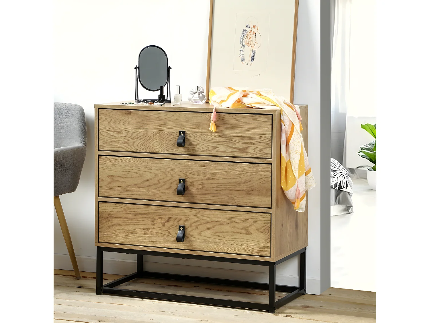 Commode Décor Chêne 3 Tiroirs Piétement Métal - JILL