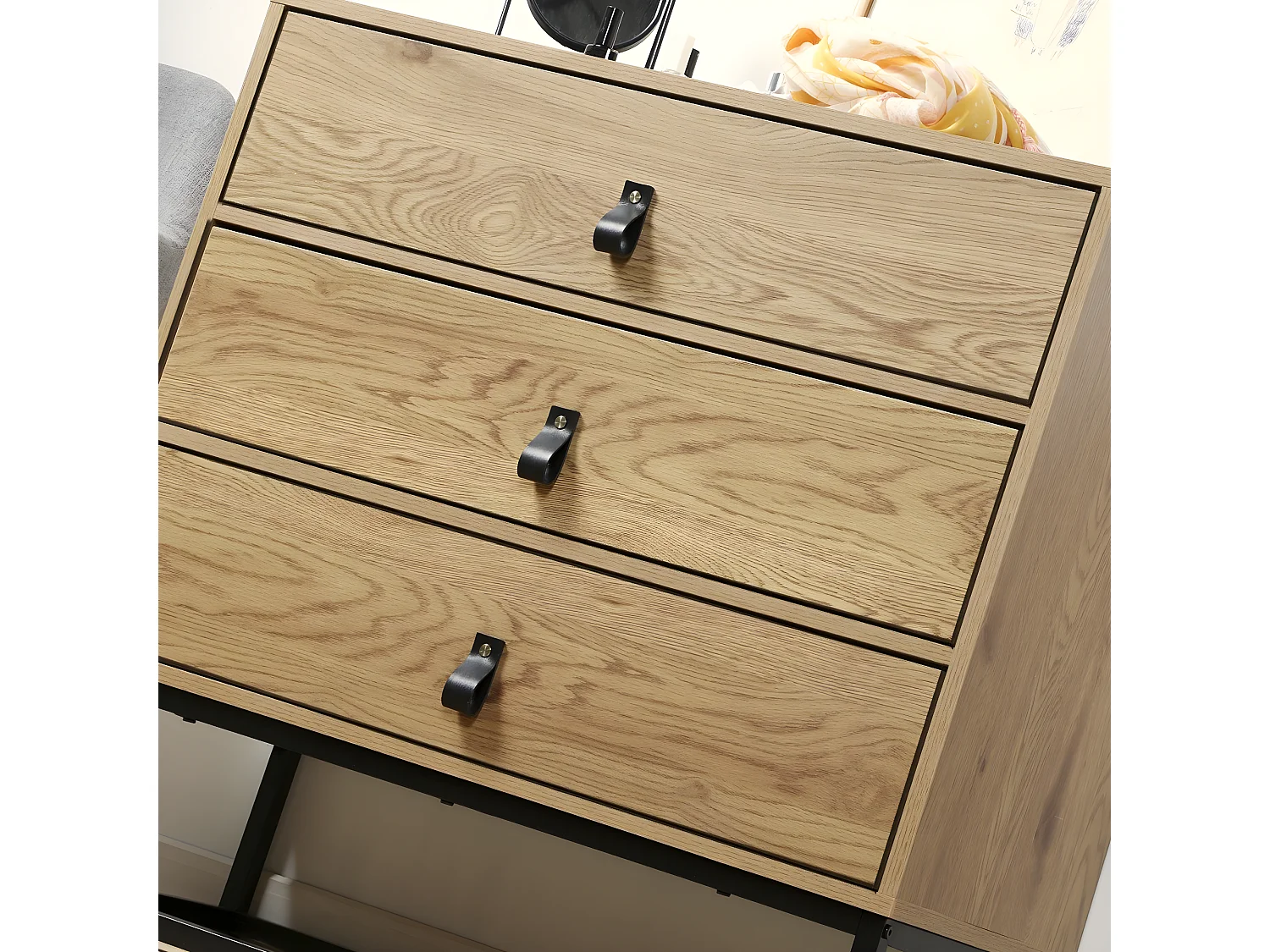 Commode Décor Chêne 3 Tiroirs Piétement Métal - JILL