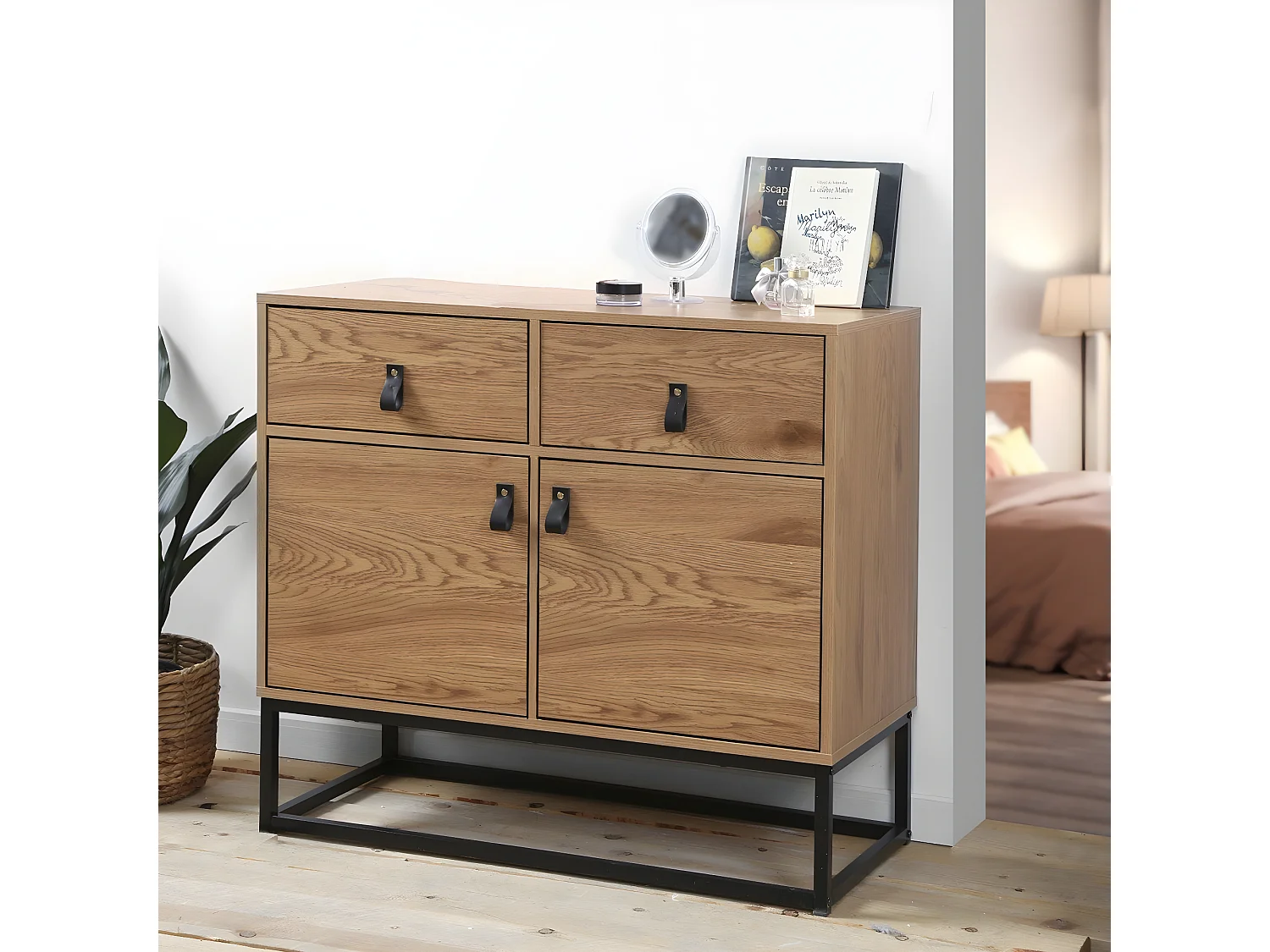 Ladekast met 2 deuren en 2 laden - Eiken decor met zwart metalen structuur