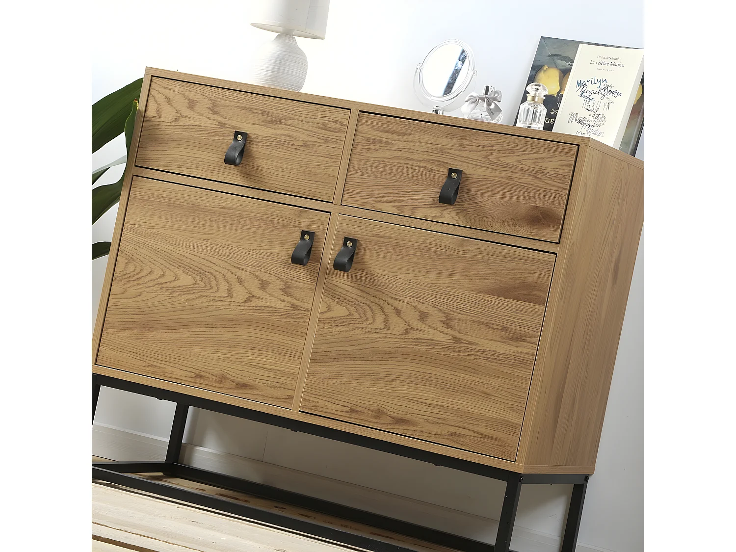 Ladekast met 2 deuren en 2 laden - Eiken decor met zwart metalen structuur