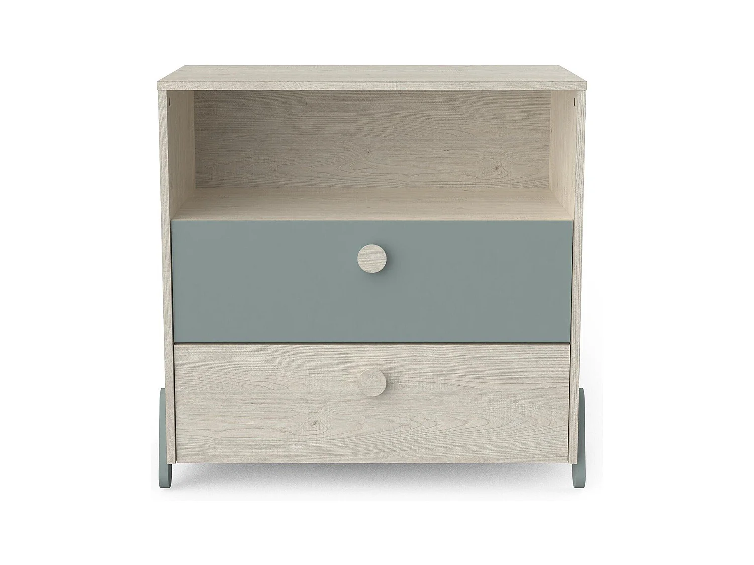 Commode Scandinave 2 Tiroirs 1 Niche, Bois et Vert - L73cm - Ilian