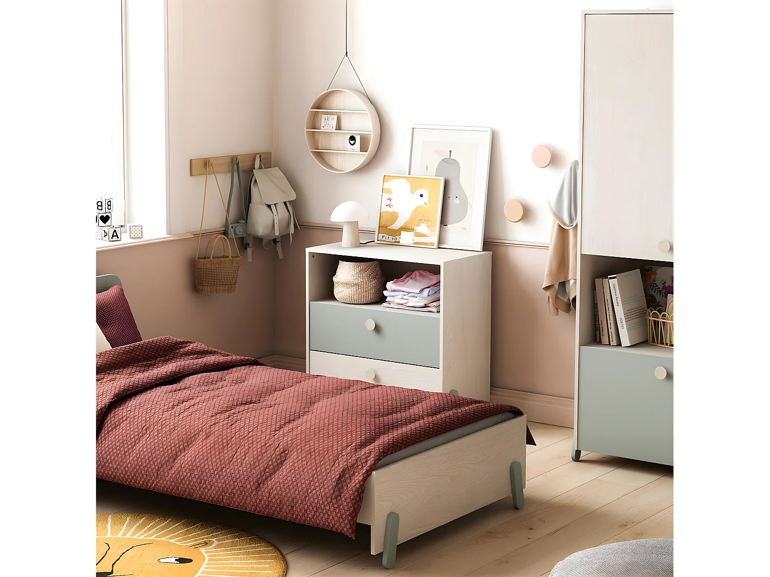 Skandinavische Kommode mit 2 Schubladen 1 Nische, Holz und Grün - L73cm - Ilian