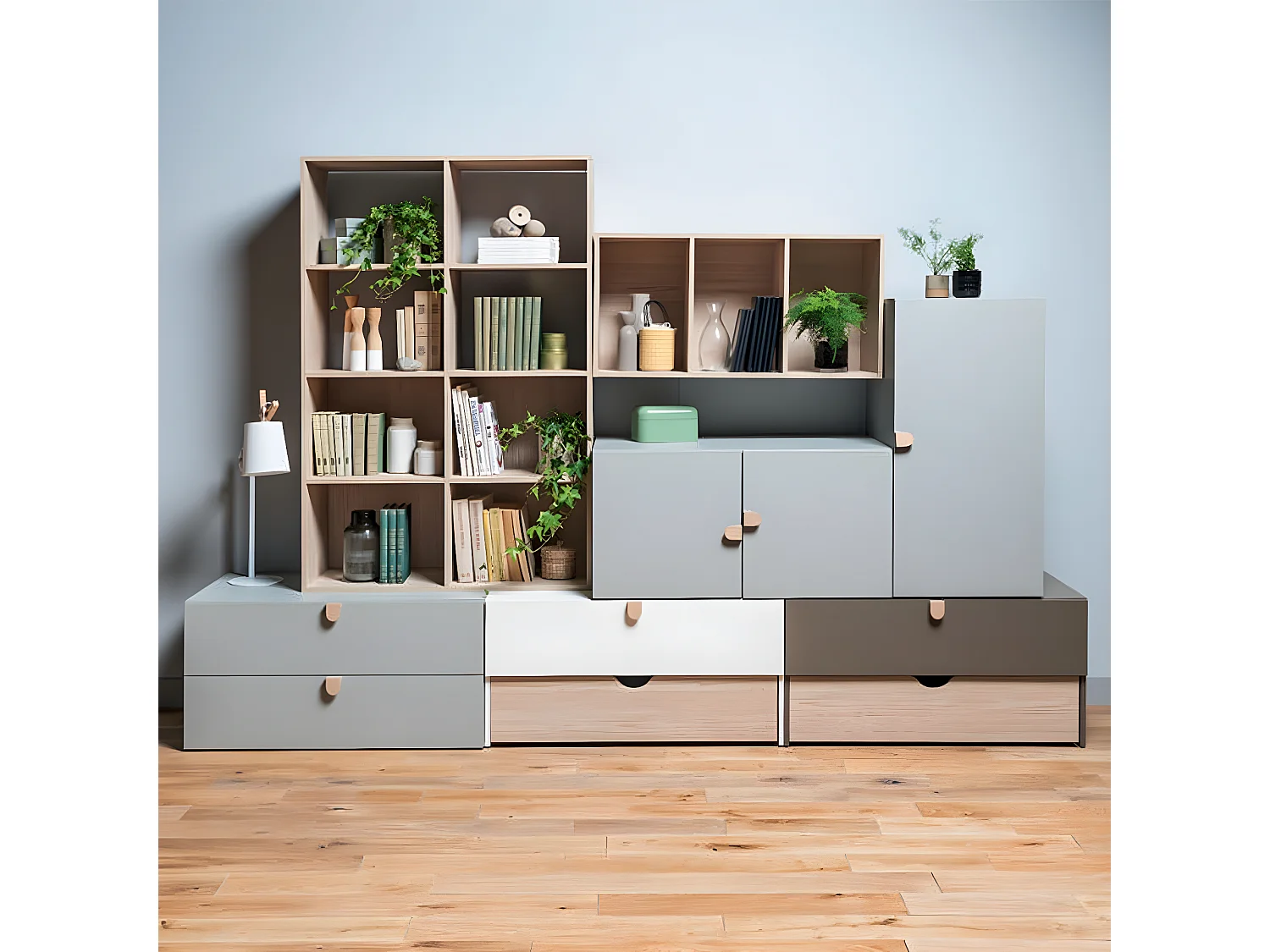 Commode Grise 2 Tiroirs avec Poignées Bois - Stige