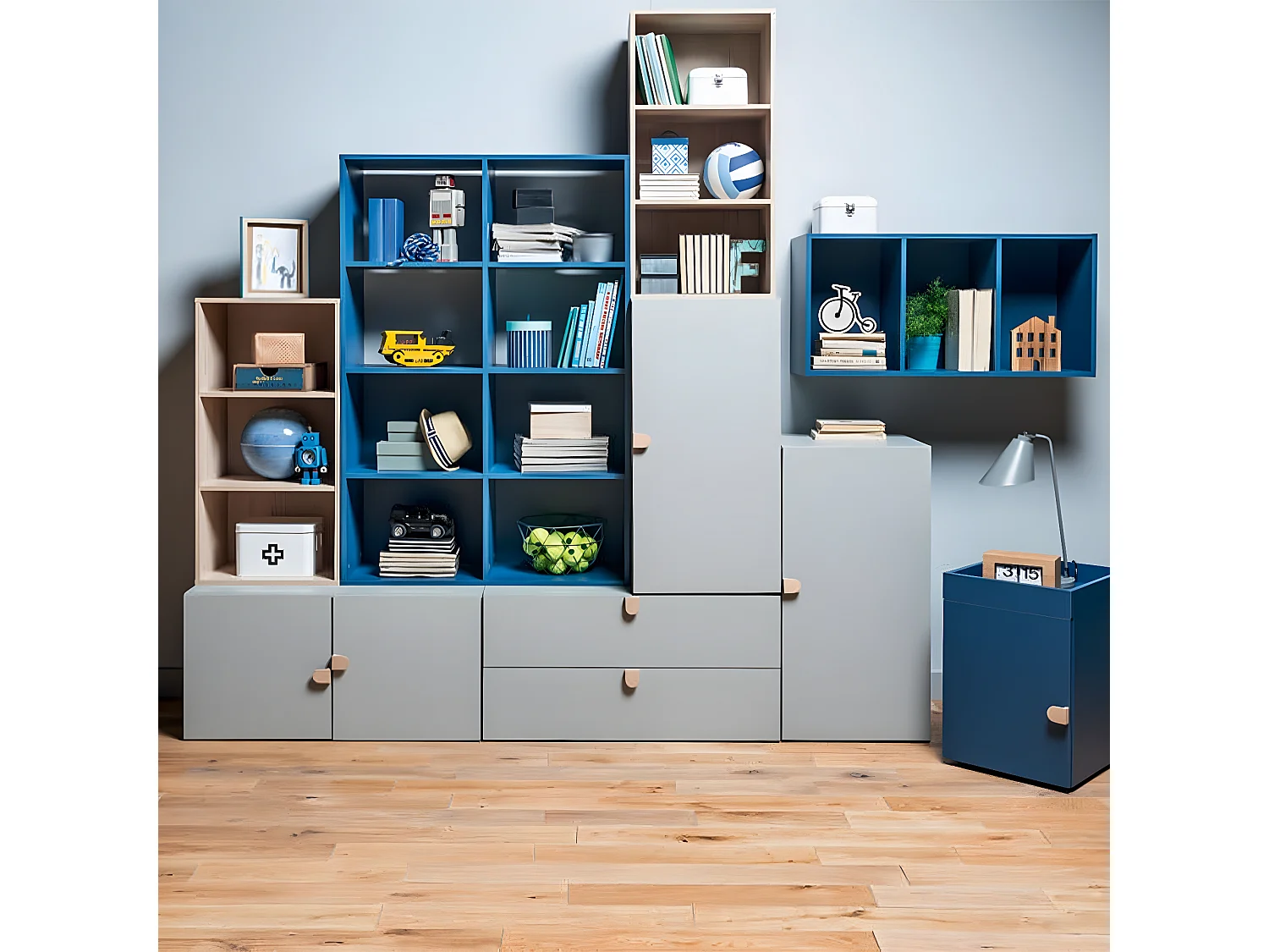 Commode Grise 2 Tiroirs avec Poignées Bois - Stige