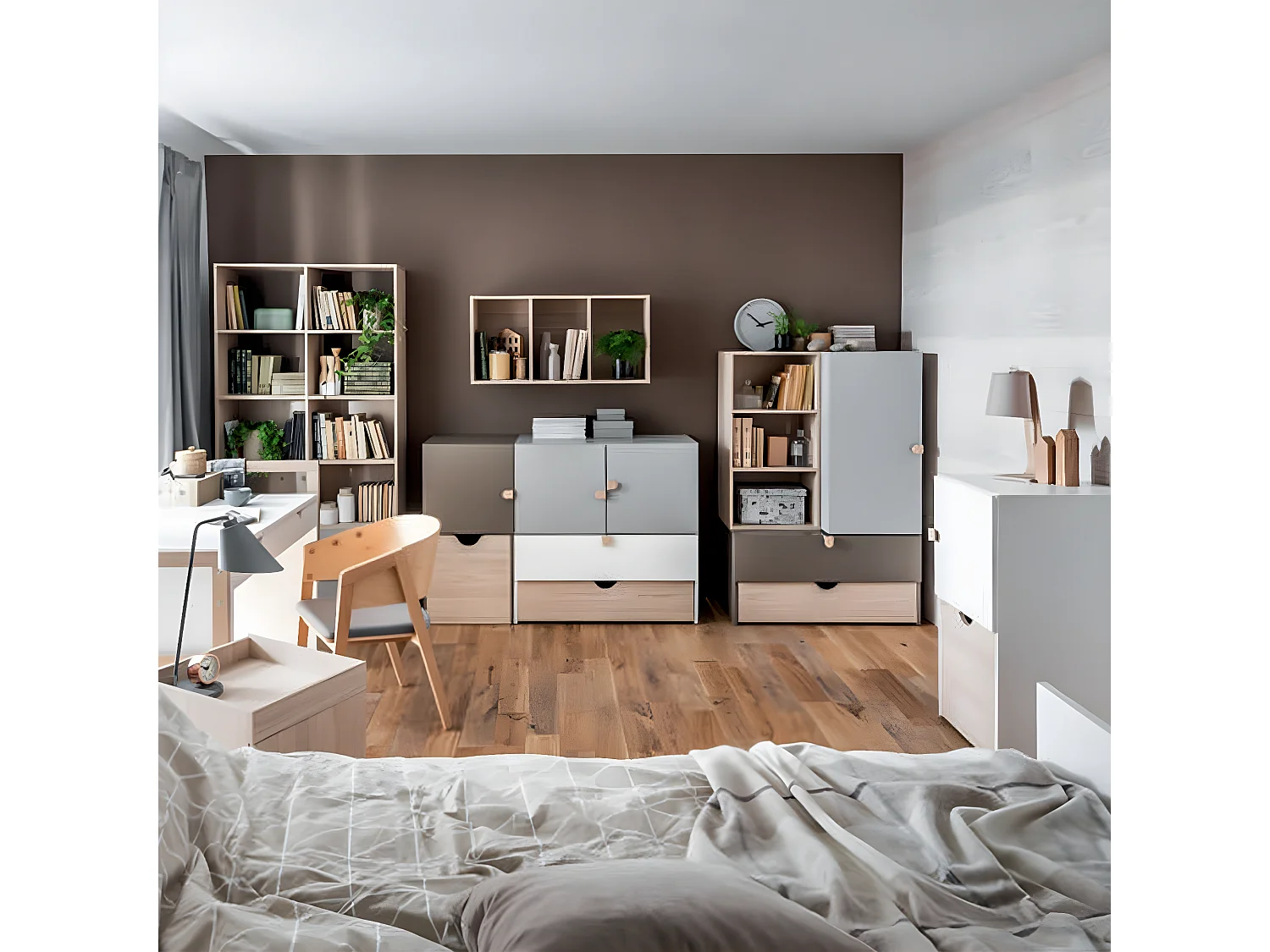 Commode Grise 2 Tiroirs avec Poignées Bois - Stige