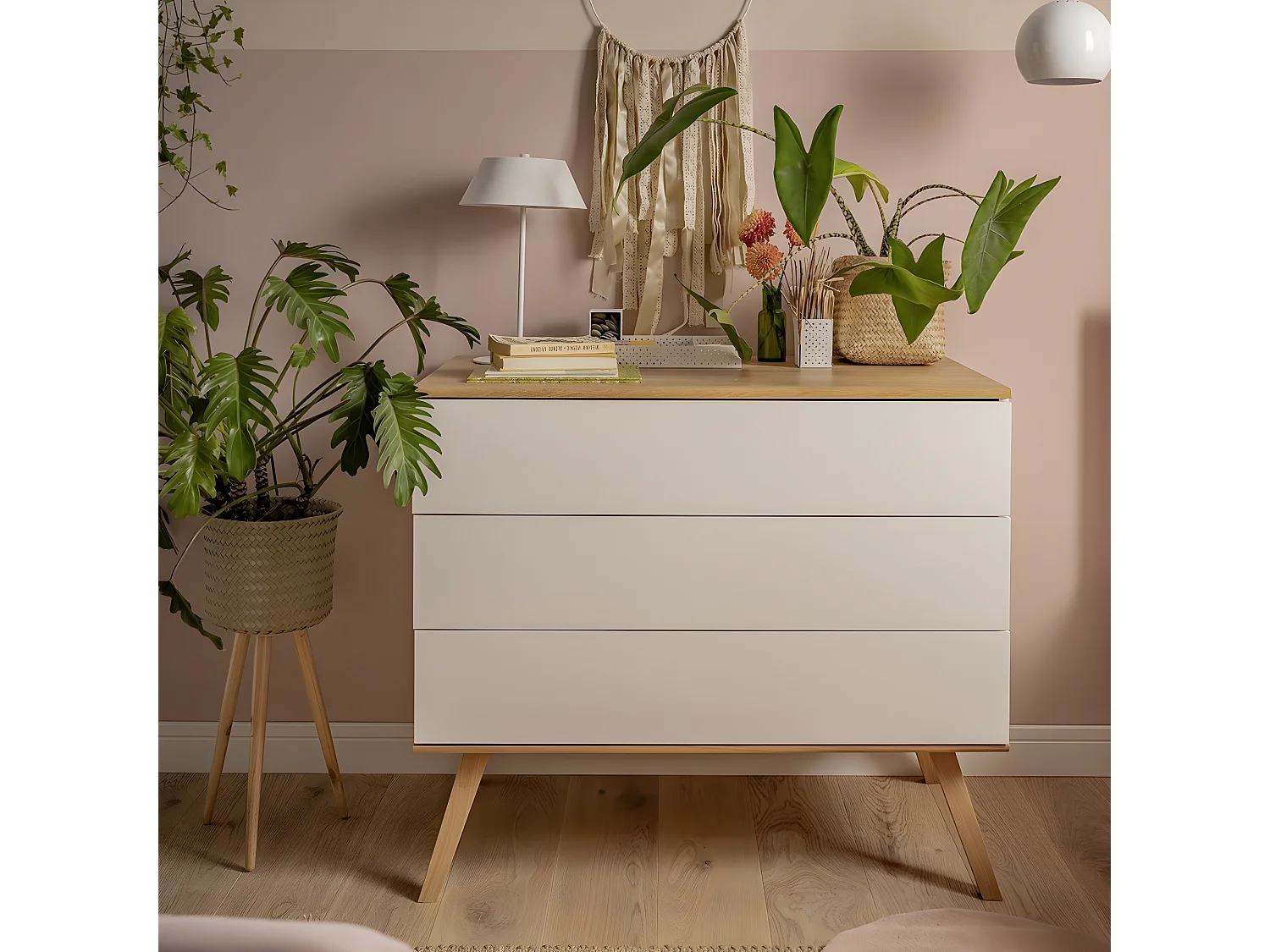 Commode 3 Tiroirs avec Piétement en Chêne L100 cm - Nature