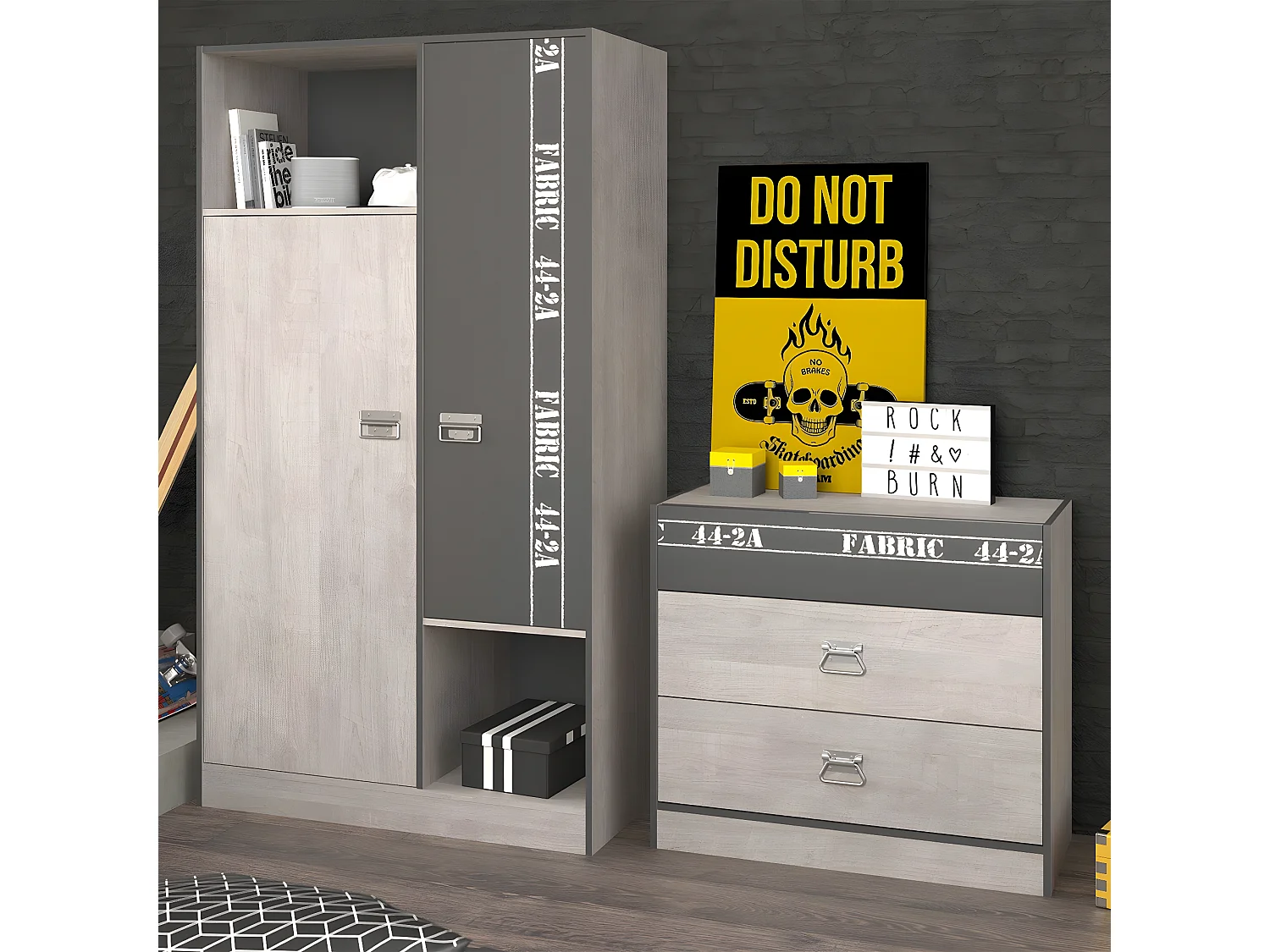 Armadio 2 ante con guardaroba stile Loft L101.4 cm - Tessuto