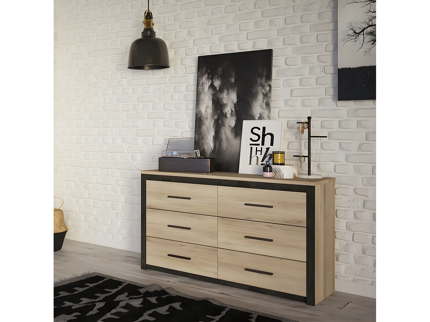 Kommode mit 6 Schubladen, Eiche und Schwarz Dekor L129 cm - Colorado