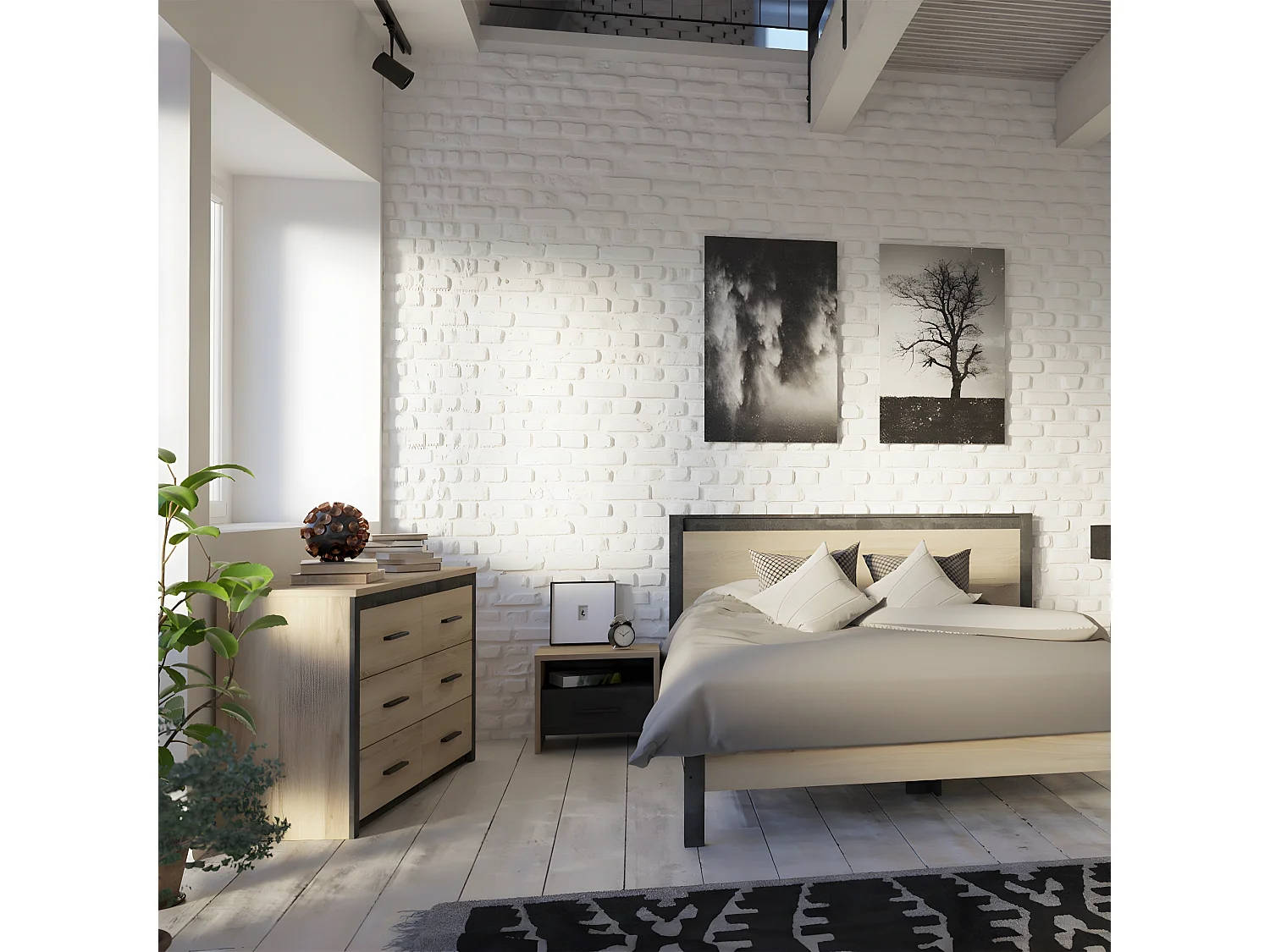 Kommode mit 6 Schubladen, Eiche und Schwarz Dekor L129 cm - Colorado