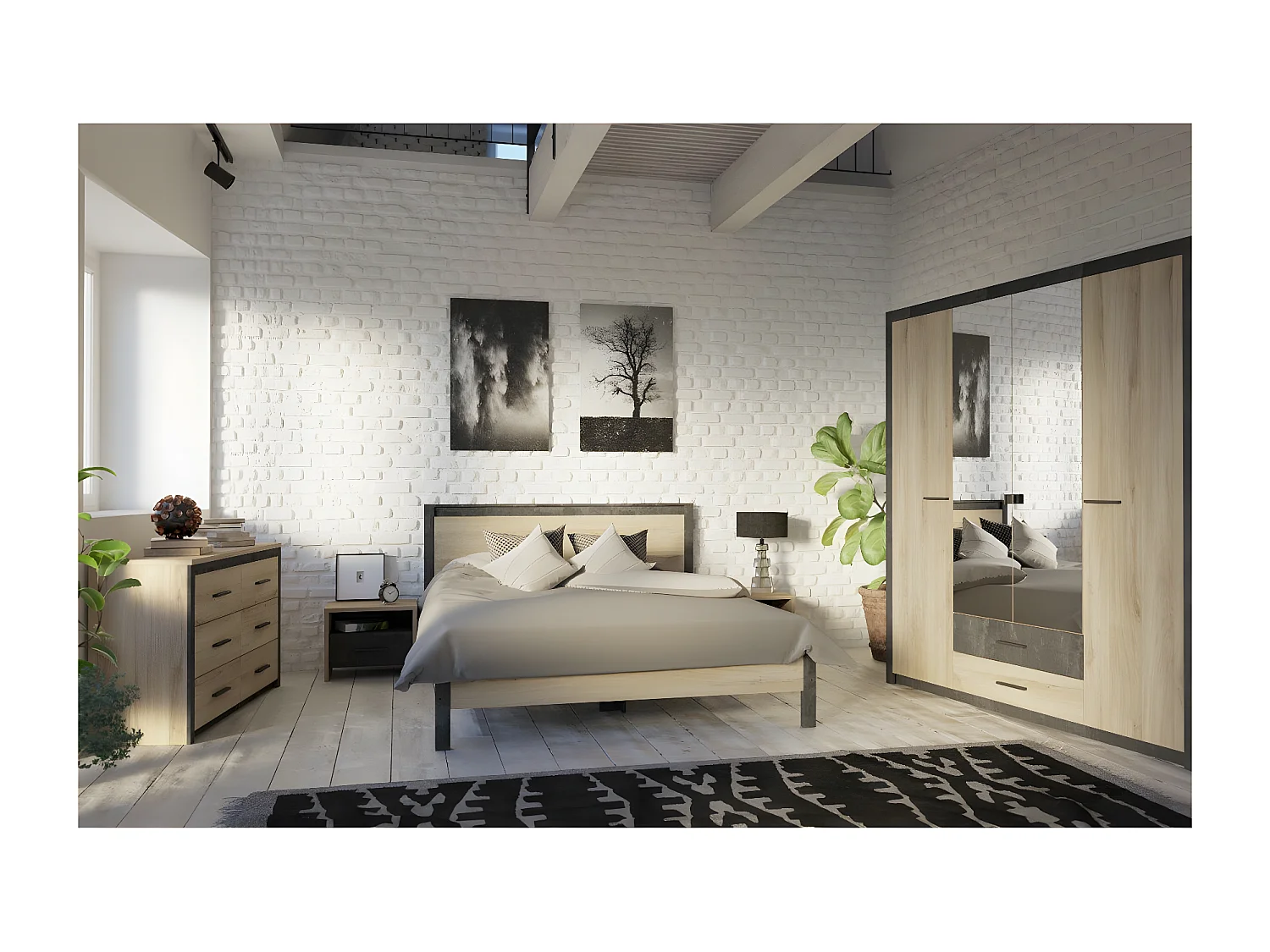 Kommode mit 6 Schubladen, Eiche und Schwarz Dekor L129 cm - Colorado