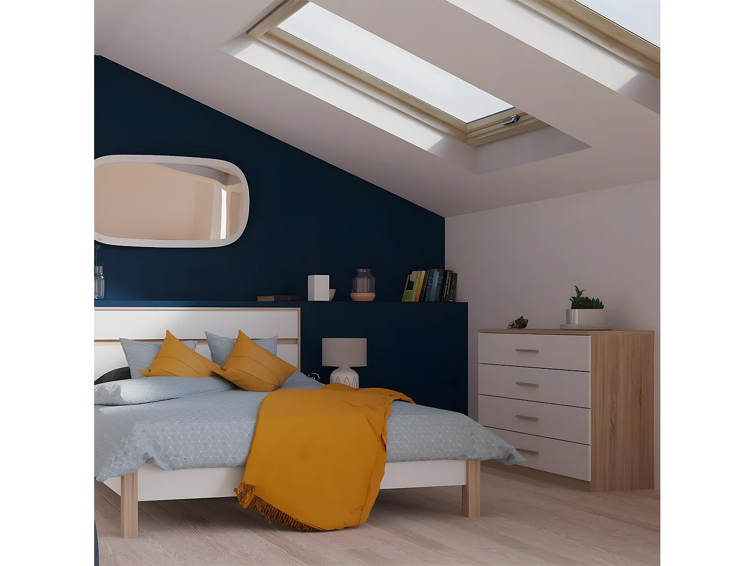 Commode 4 Tiroirs Décor Bois et Blanc L100 cm - Selena