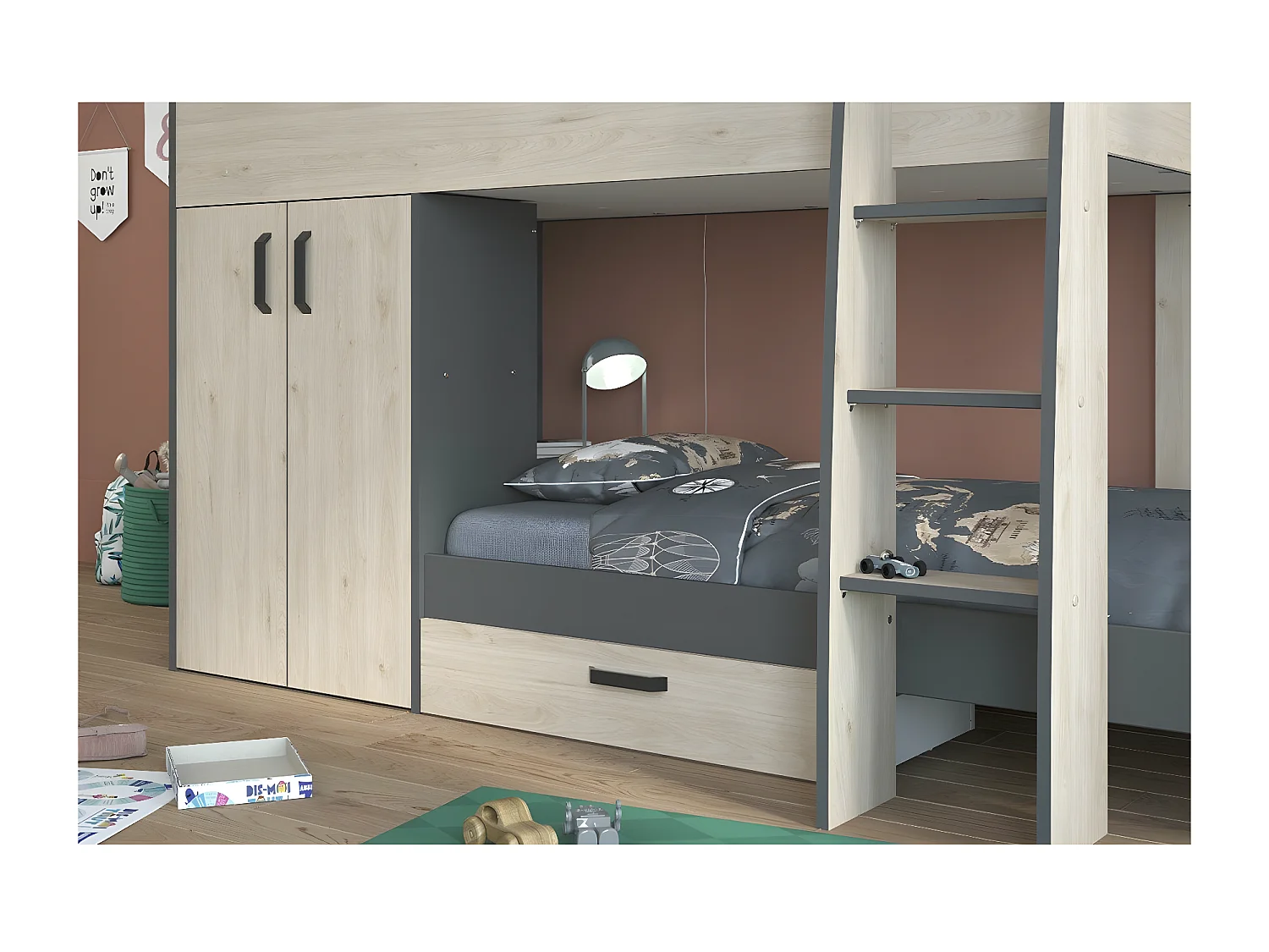 Lits superposés décor chêne et gris avec rangements 90x200 - Stim
