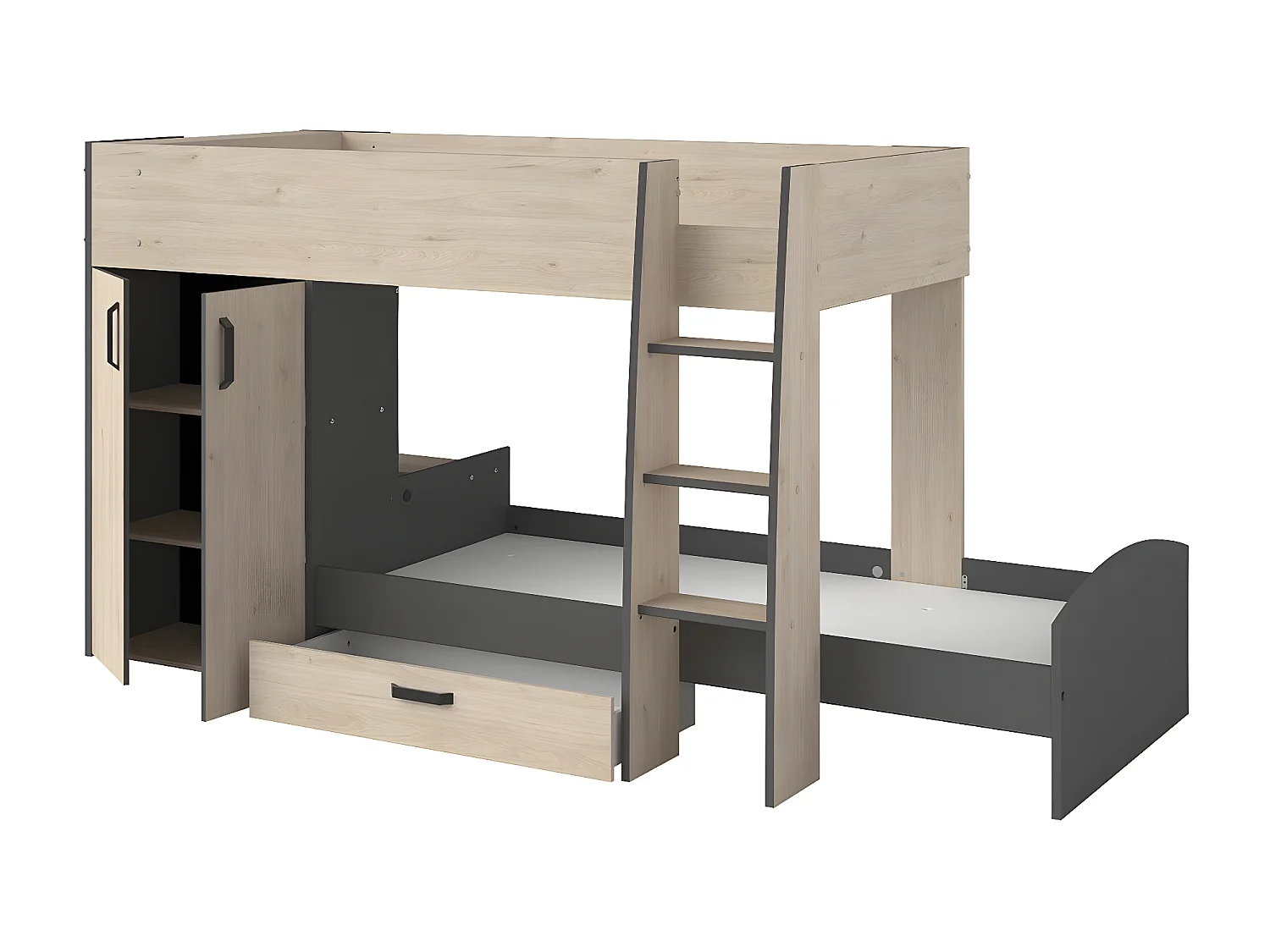 Lits superposés décor chêne et gris avec rangements 90x200 - Stim