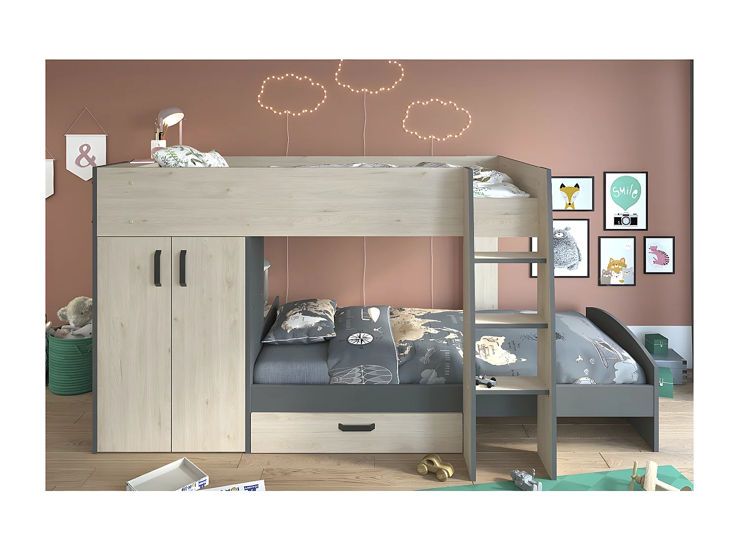 Etagenbett Eiche- und Graudekor mit Stauraum 90x200 - Stim