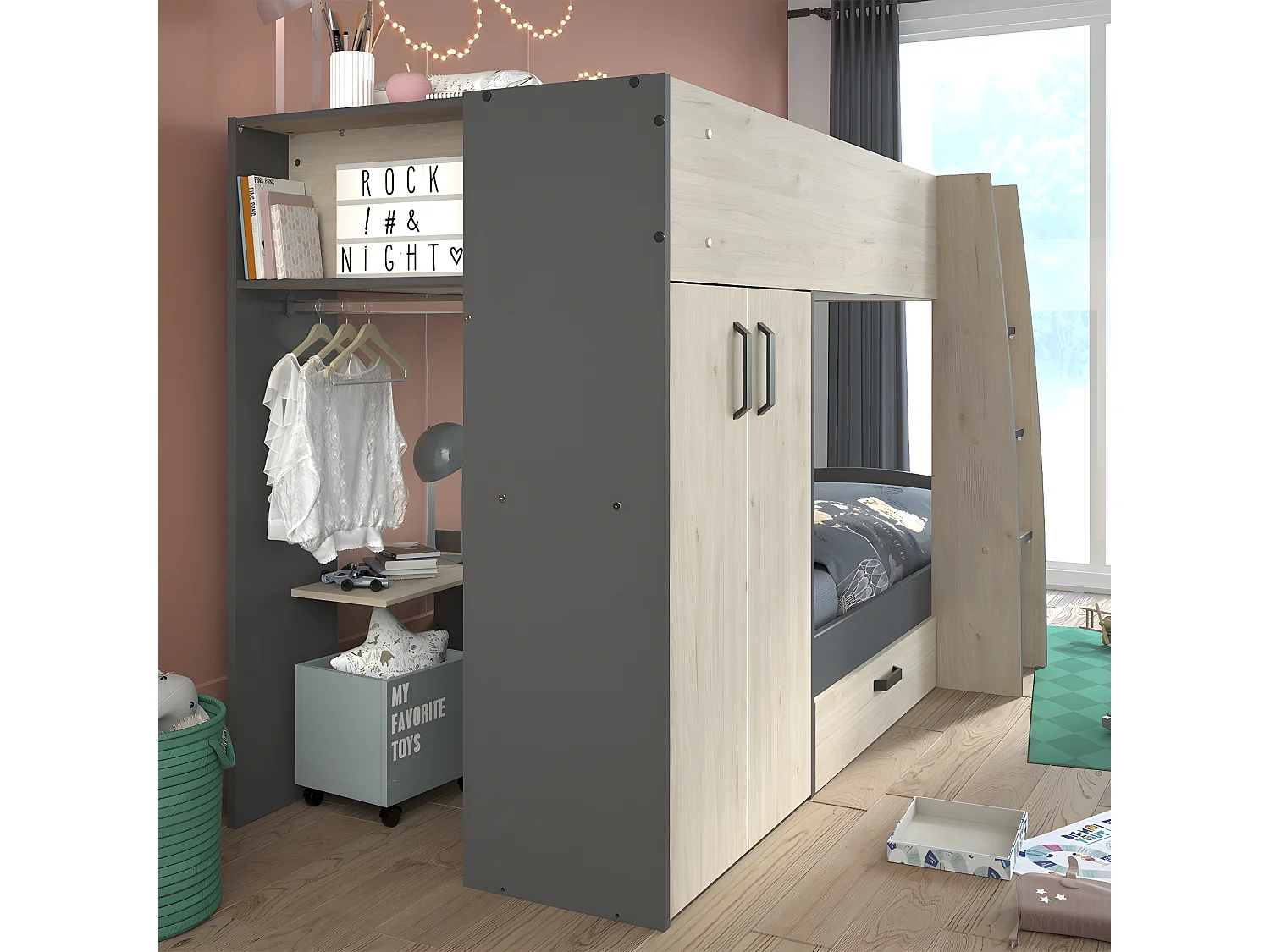 Etagenbett Eiche- und Graudekor mit Stauraum 90x200 - Stim