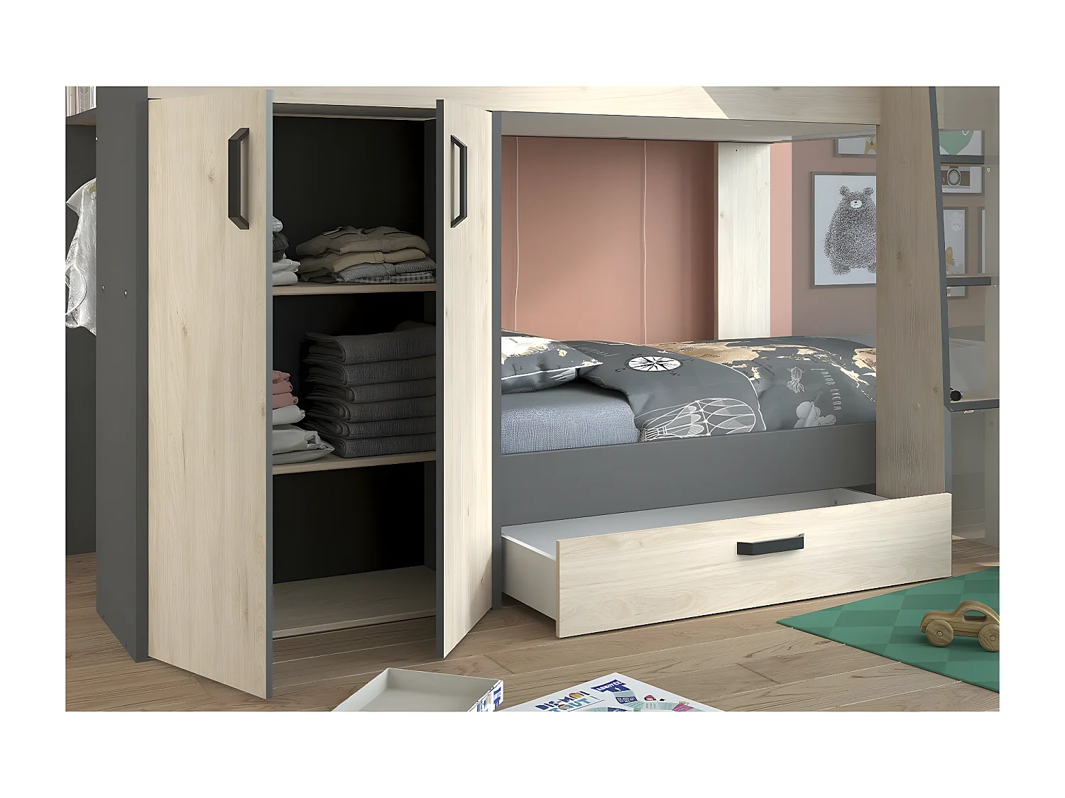 Etagenbett Eiche- und Graudekor mit Stauraum 90x200 - Stim