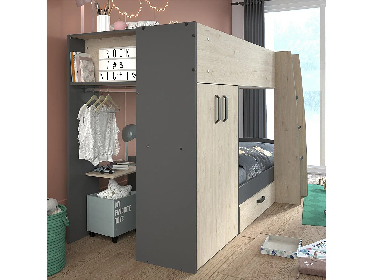 Lits superposés décor chêne et gris avec rangements 90x200 - Stim