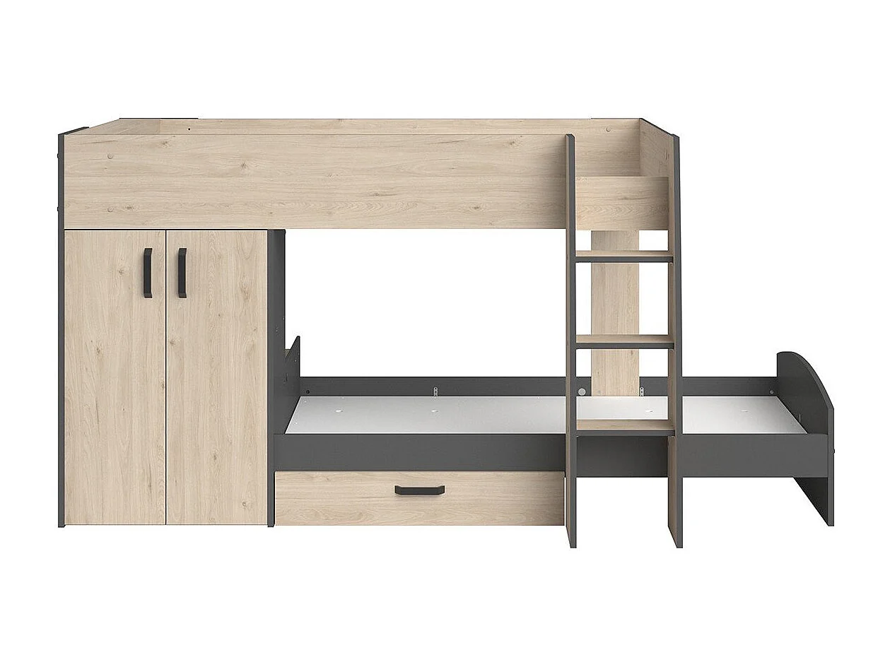 Lits superposés décor chêne et gris avec rangements 90x200 - Stim