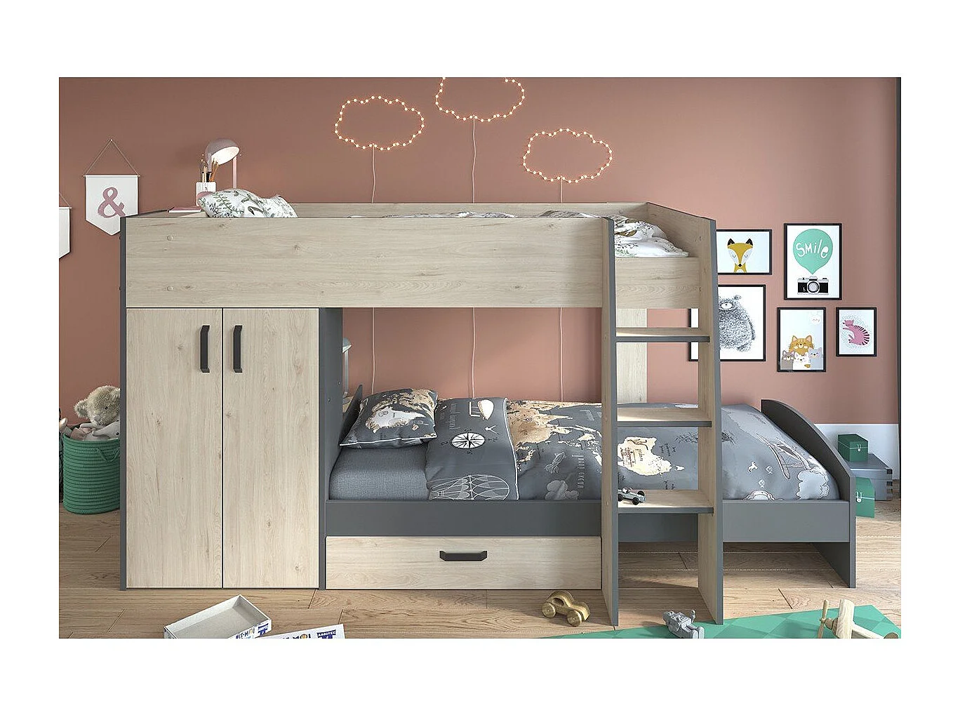 Lits superposés décor chêne et gris avec rangements 90x200 - Stim