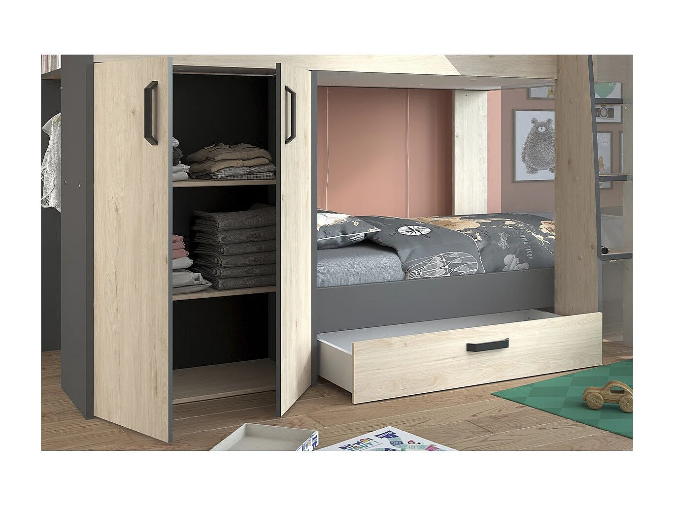 Lits superposés décor chêne et gris avec rangements 90x200 - Stim