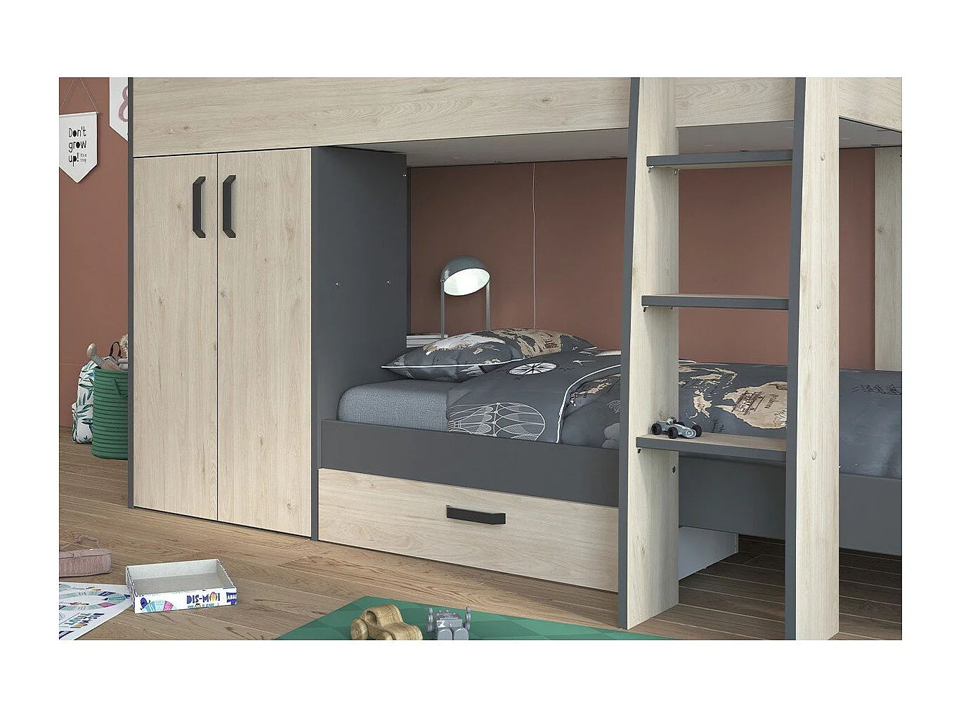 Lits superposés décor chêne et gris avec rangements 90x200 - Stim
