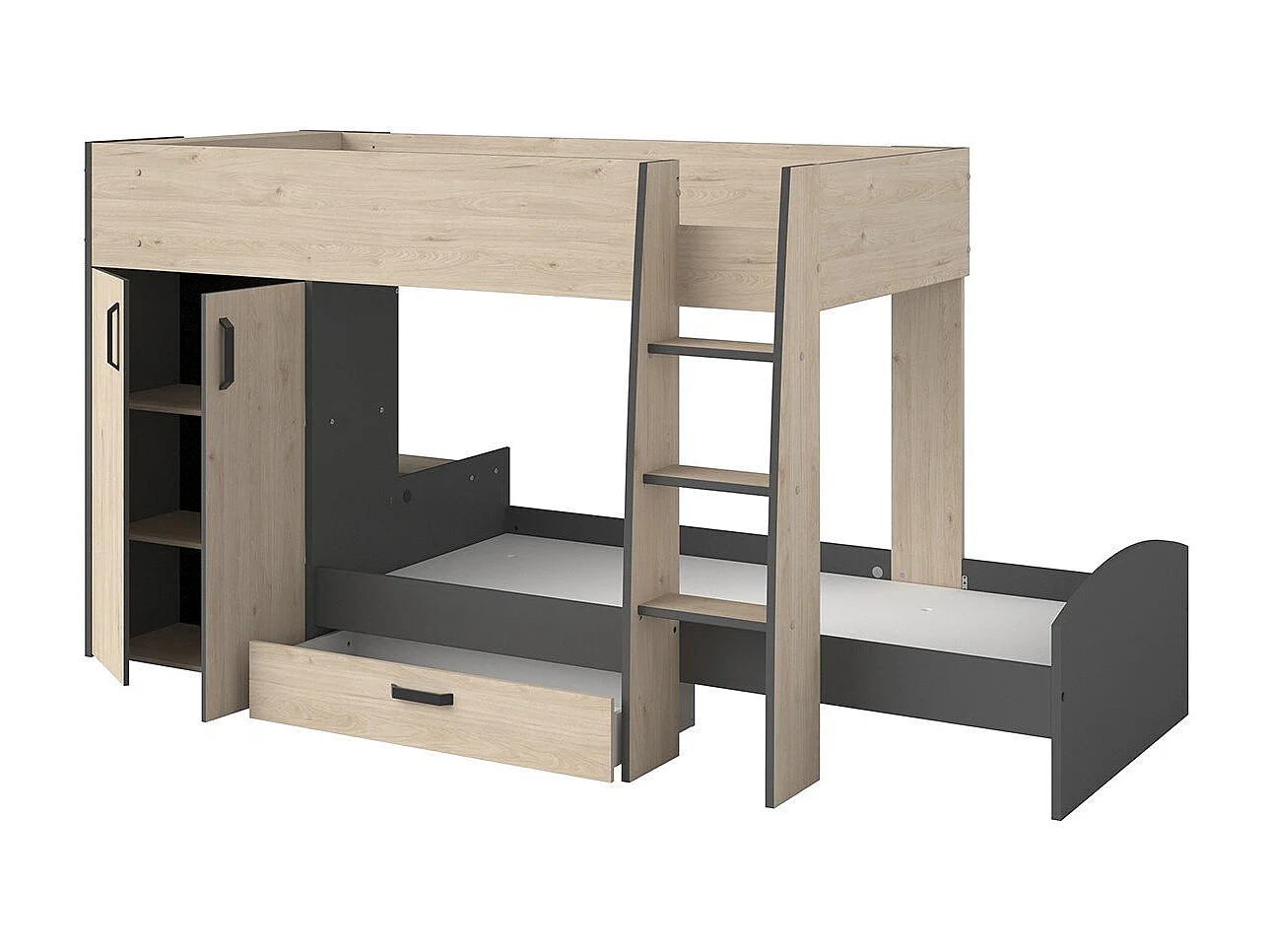 Lits superposés décor chêne et gris avec rangements 90x200 - Stim