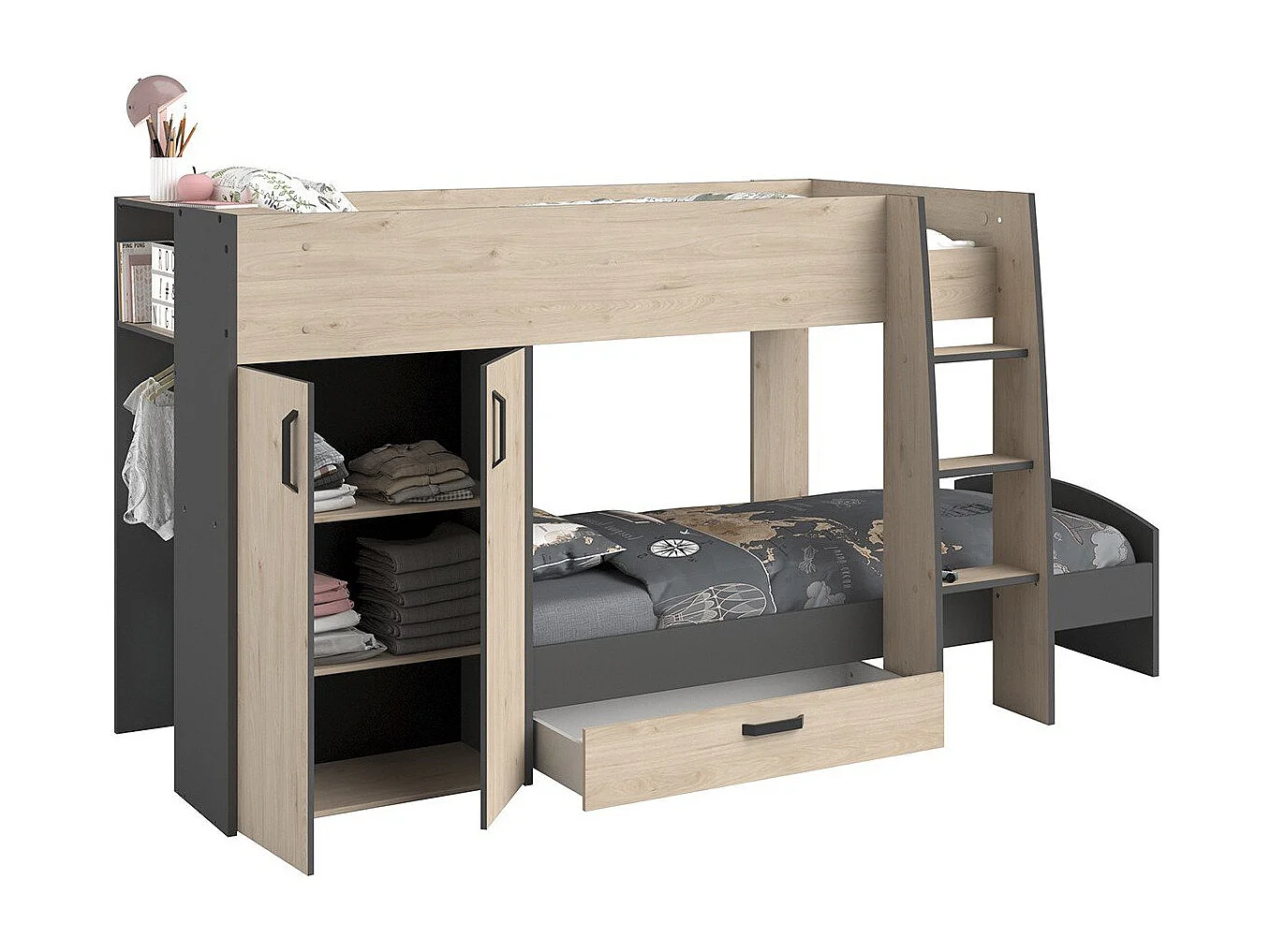 Lits superposés décor chêne et gris avec rangements 90x200 - Stim