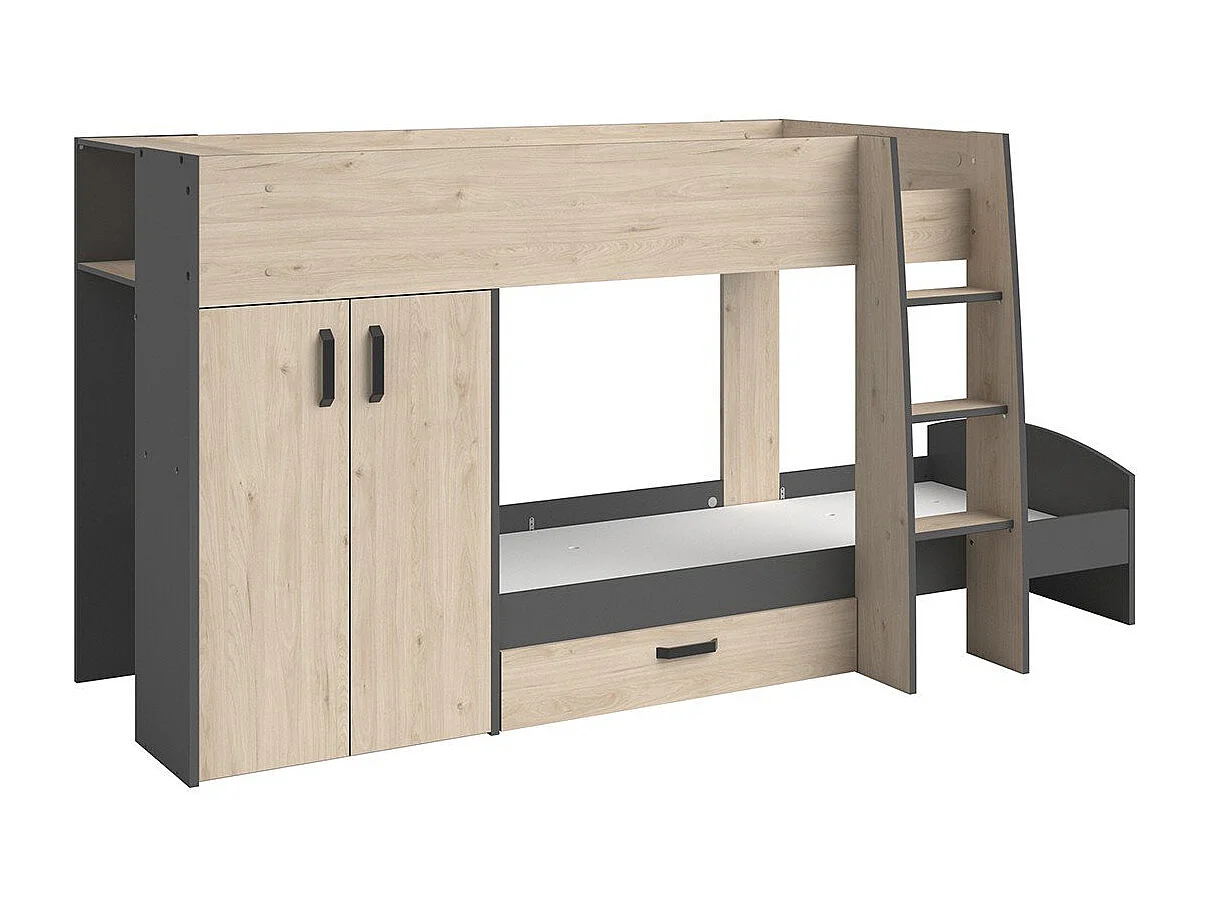 Lits superposés décor chêne et gris avec rangements 90x200 - Stim