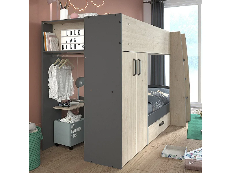 Lits superposés décor chêne et gris avec rangements 90x200 - Stim