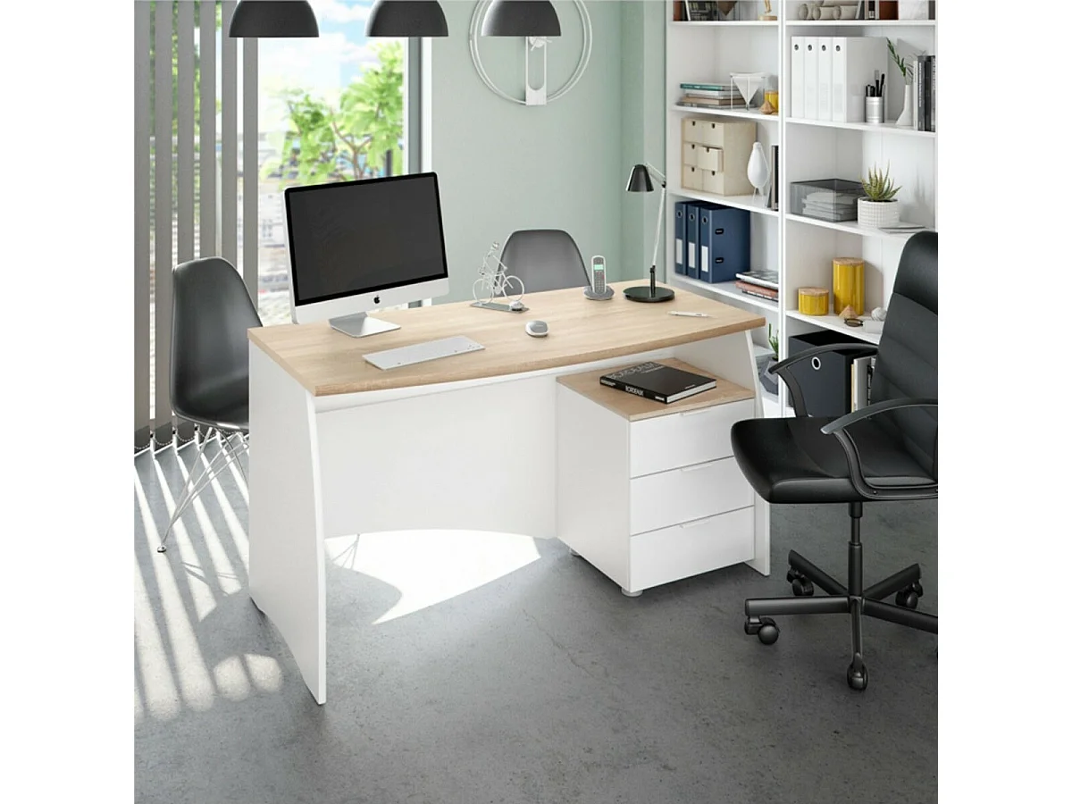 Bureau avec Caisson de 3 Tiroirs Blanc et Plateau Aspect Bois - L136 cm