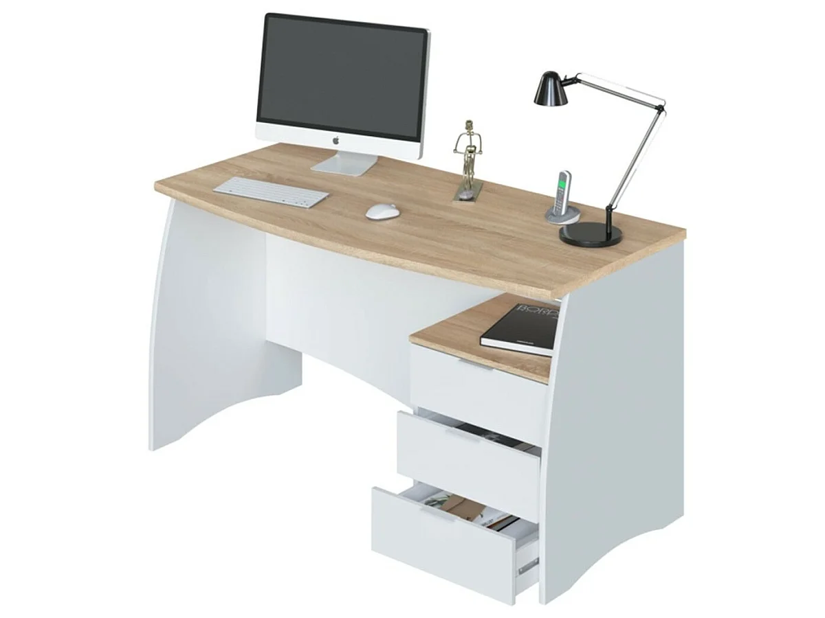 Bureau avec Caisson de 3 Tiroirs Blanc et Plateau Aspect Bois - L136 cm