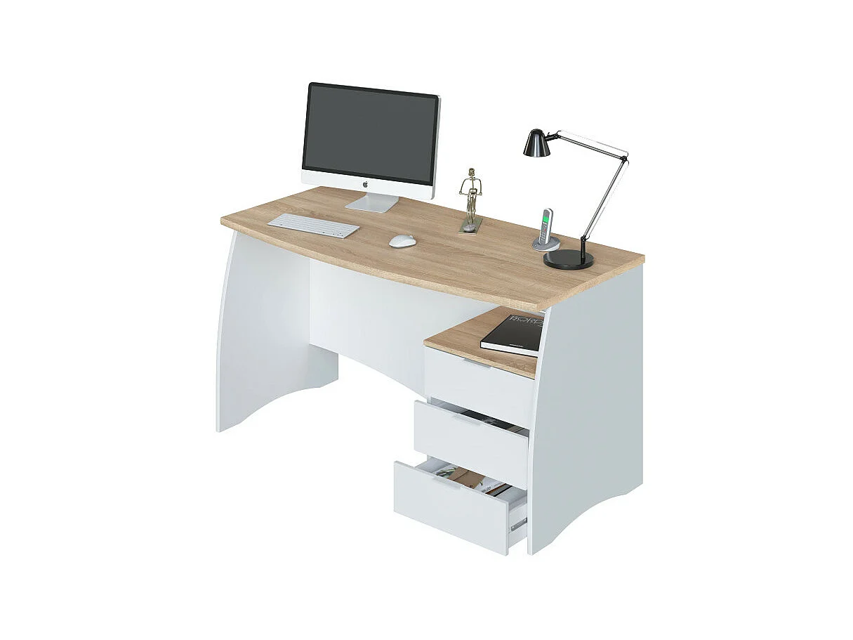 Bureau avec Caisson de 3 Tiroirs Blanc et Plateau Aspect Bois - L136 cm