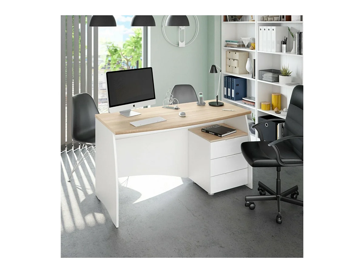 Bureau avec Caisson de 3 Tiroirs Blanc et Plateau Aspect Bois - L136 cm