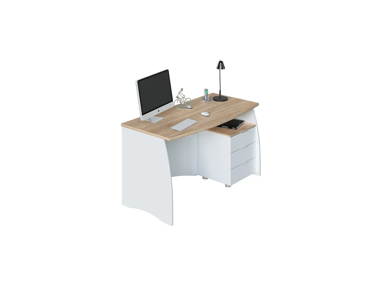 Mesa de escritorio con 3 cajones en blanco artik y roble canadian 136x67 cm Stil Buc Blanco Artik (Blanco Mate) - Roble Canadian