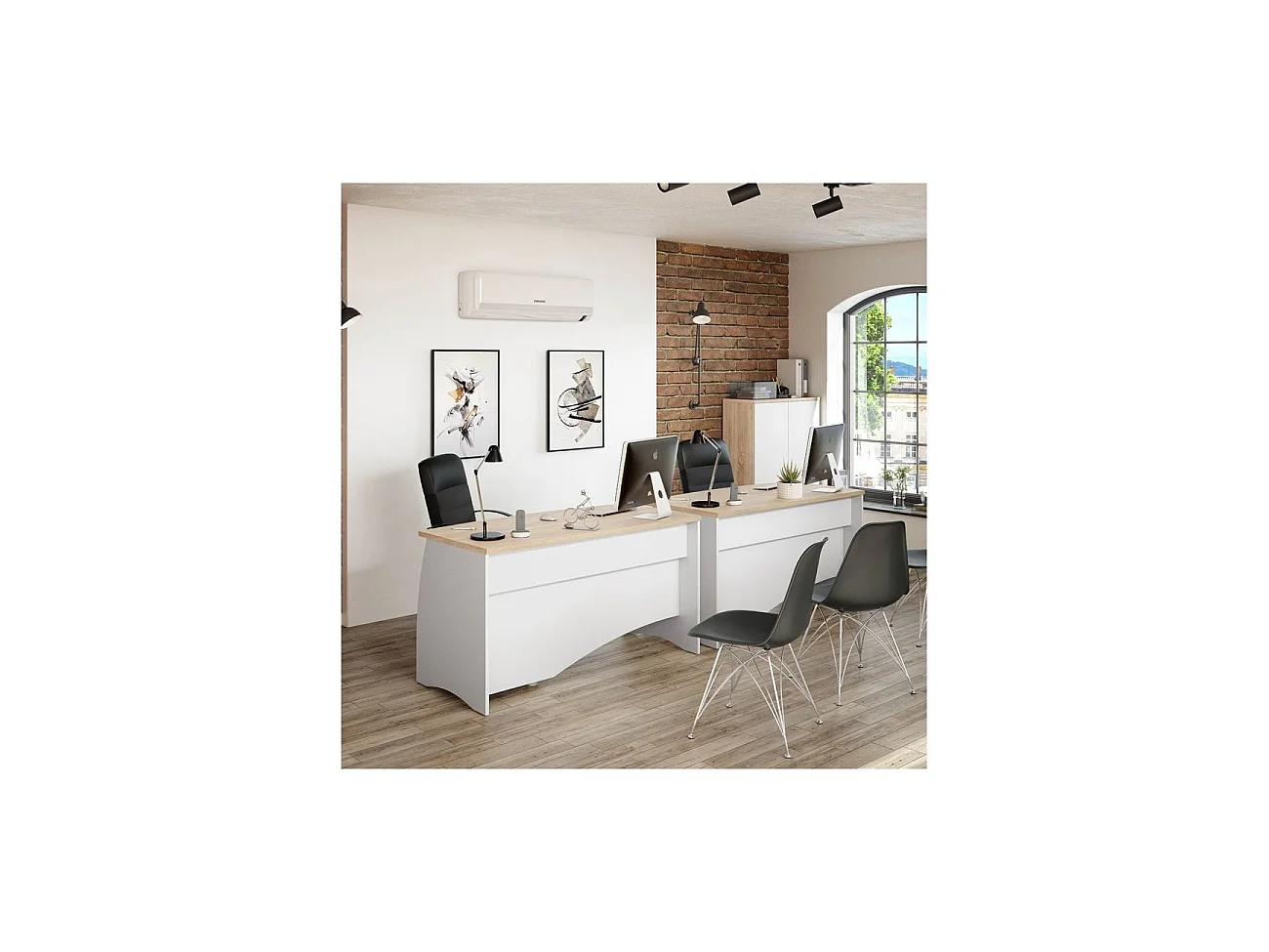 Mesa de escritorio con 3 cajones en blanco artik y roble canadian 136x67 cm Stil Buc Blanco Artik (Blanco Mate) - Roble Canadian