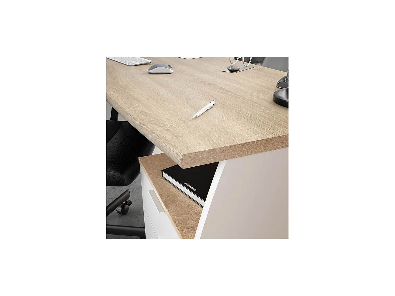Mesa de escritorio con 3 cajones en blanco artik y roble canadian 136x67 cm Stil Buc Blanco Artik (Blanco Mate) - Roble Canadian