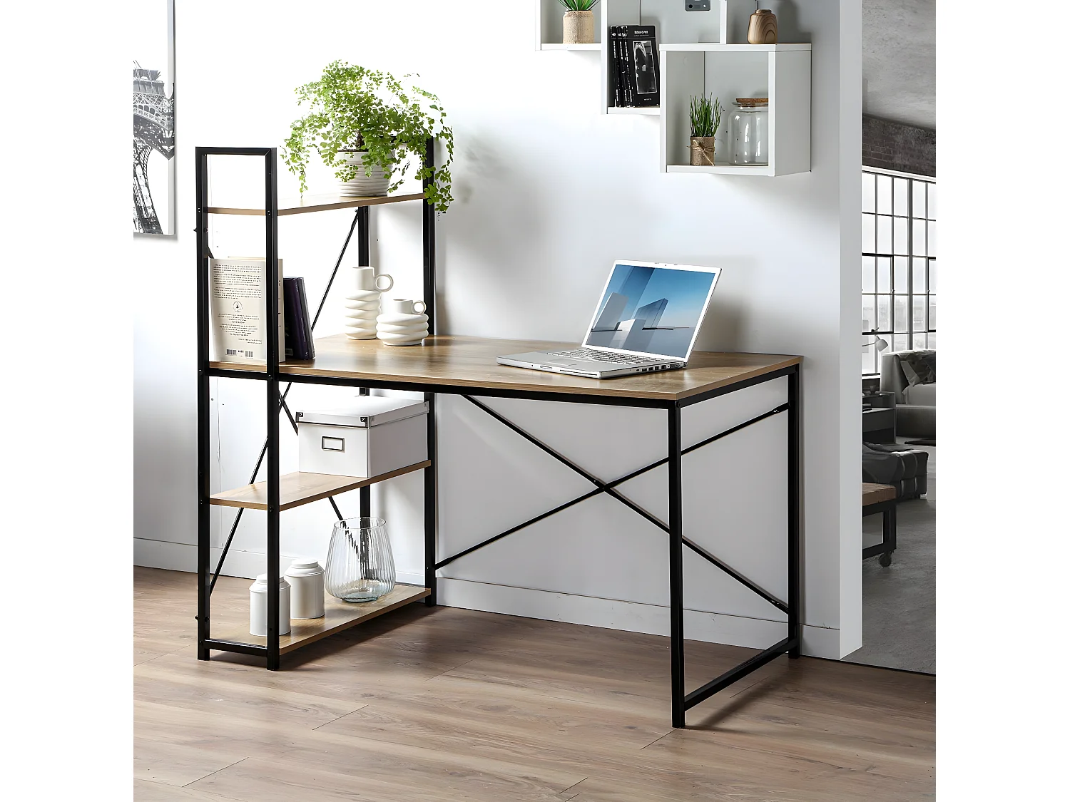 Bureau L120cm avec 4 étagères style industriel