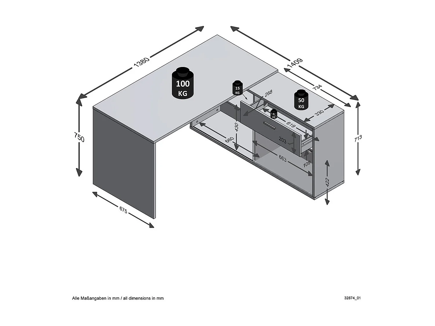 Konwertowalne biurko narożne z niskim schowkiem L138cm - Diego