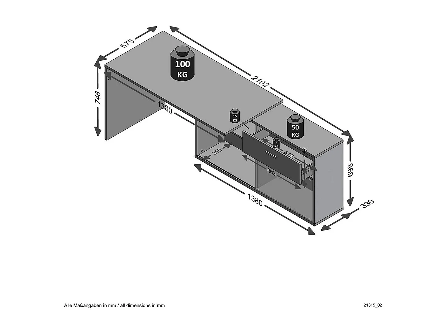 Konwertowalne biurko narożne z niskim schowkiem L138cm - Diego