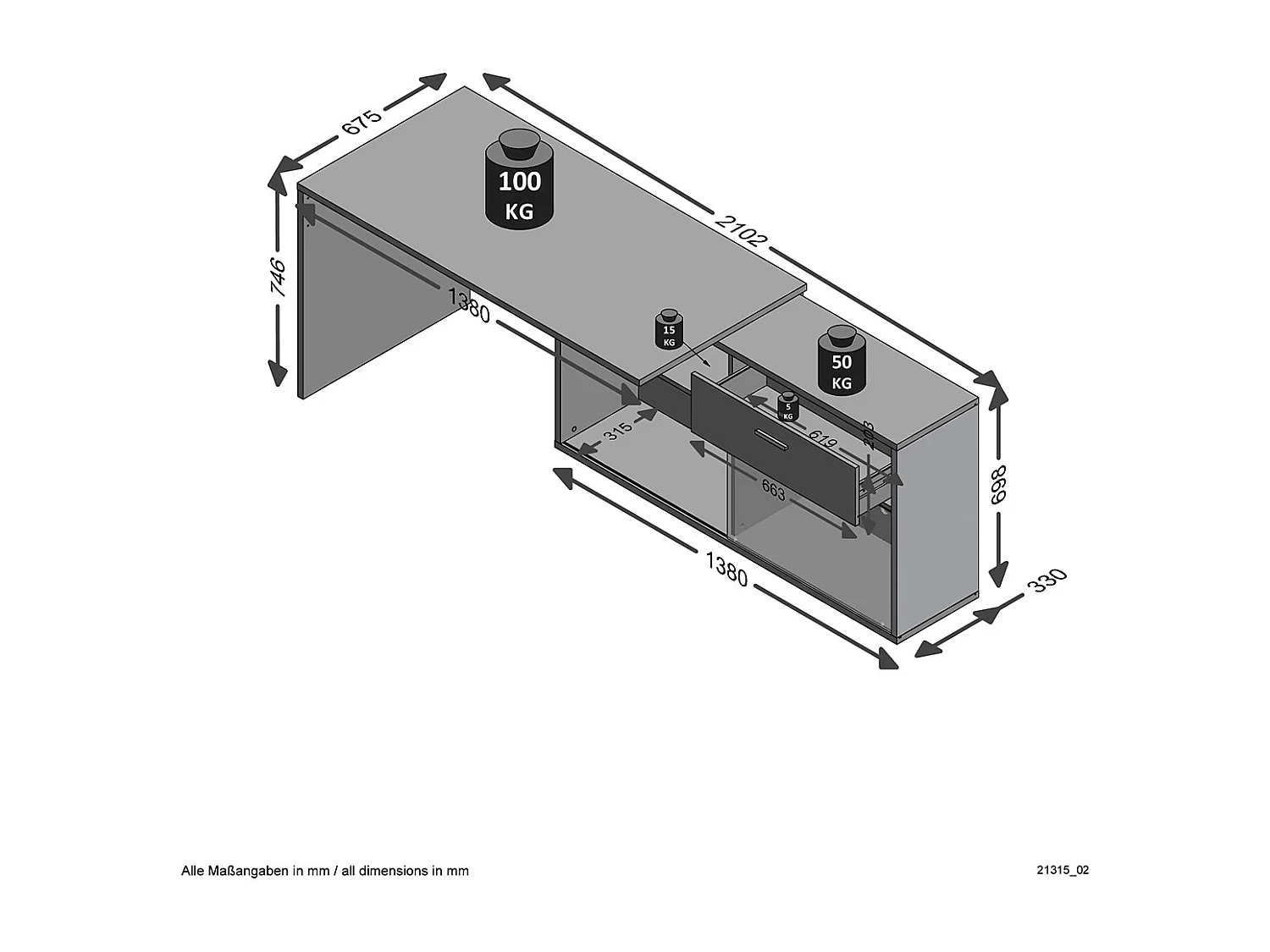 Konwertowalne biurko narożne z niskim schowkiem L138cm - Diego