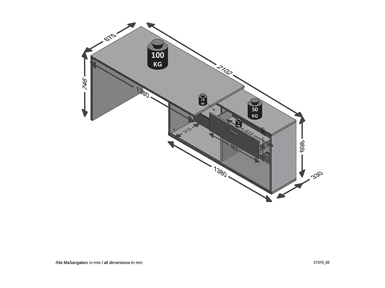 Konwertowalne biurko narożne z niskim schowkiem L138cm - Diego