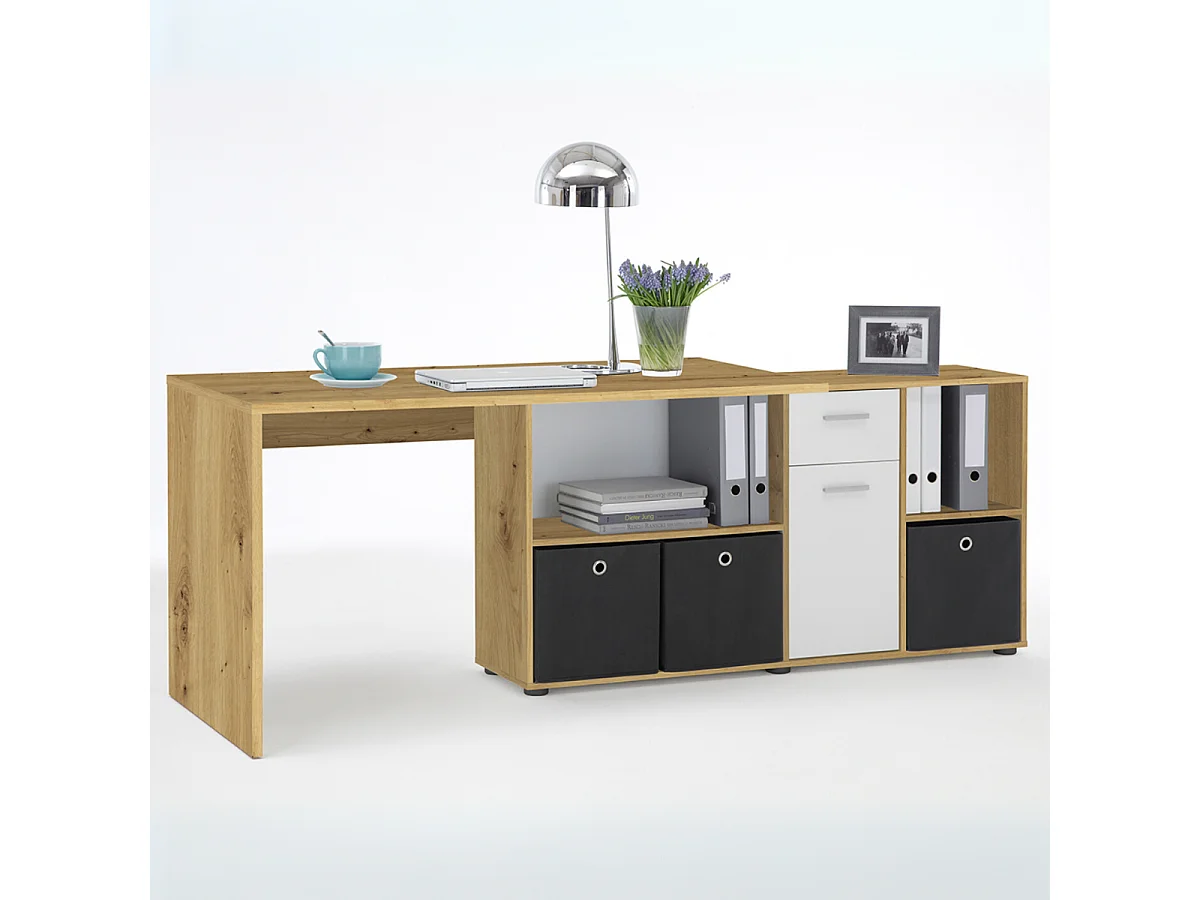 Bureau d'Angle Modulable avec Caisson, Tiroir et Étagères de Rangements - Lex