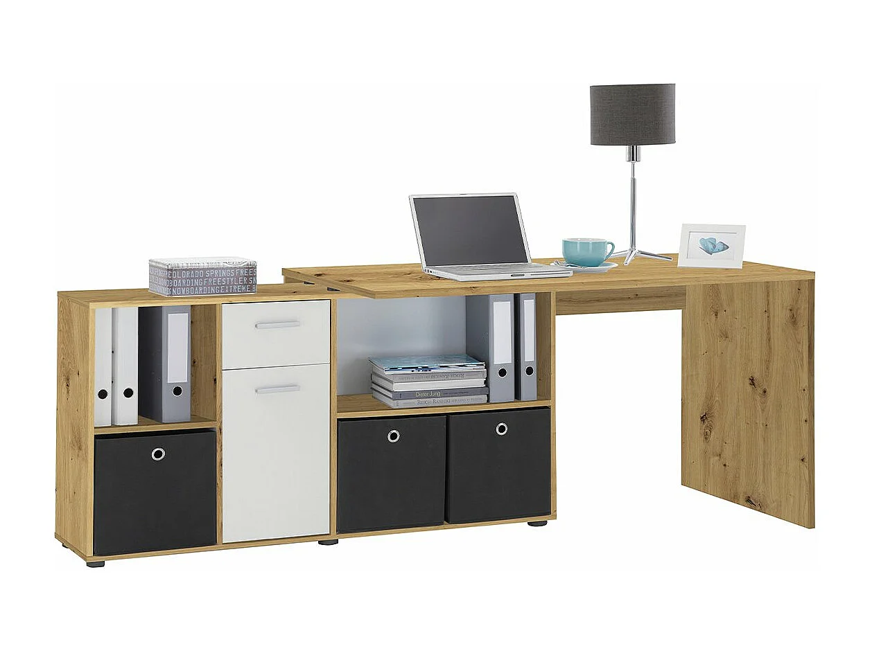 Bureau d'Angle Modulable avec Caisson, Tiroir et Étagères de Rangements - Lex